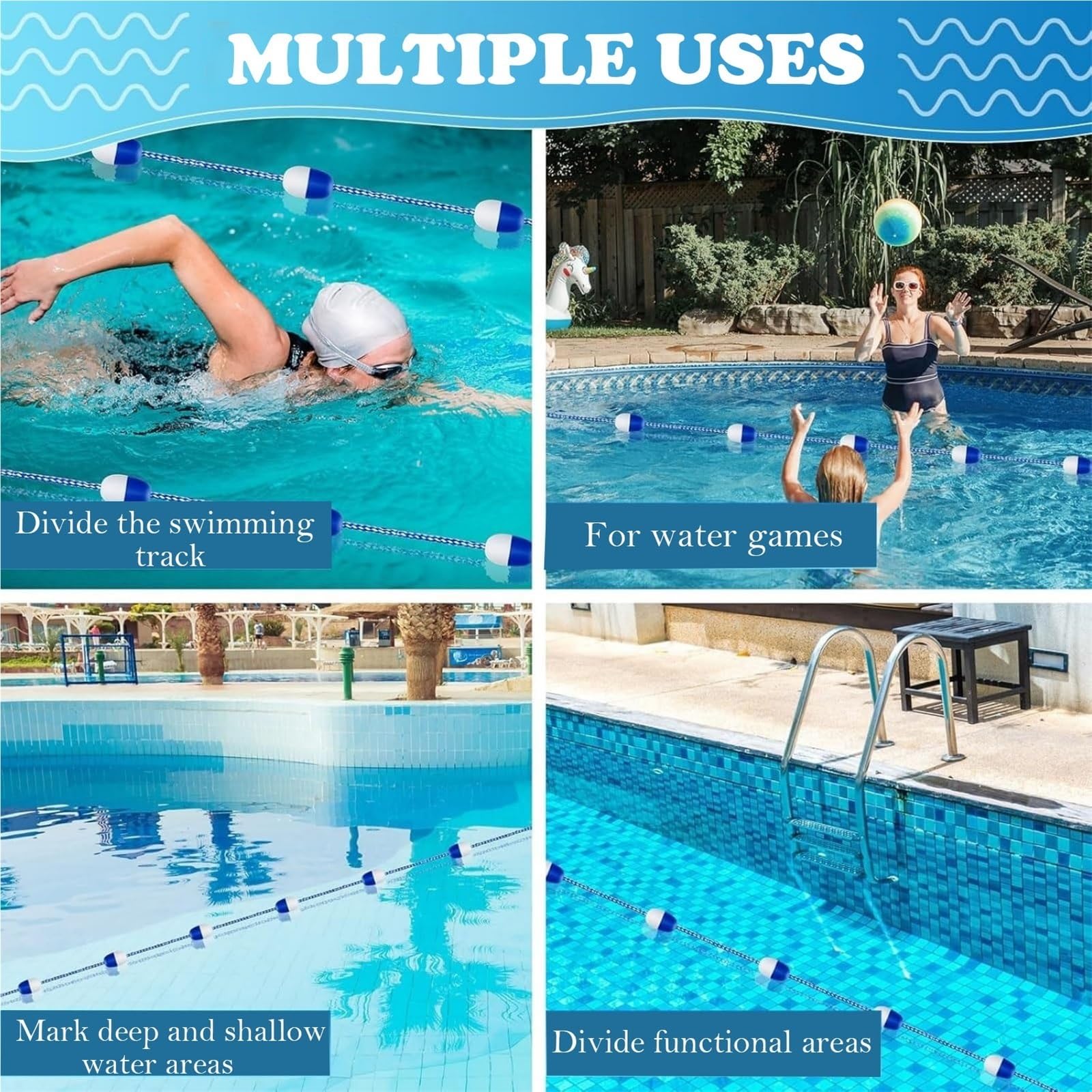 Générique Barrière de sécurité Flottante de 14 m avec flotteurs - Ligne de nage sécurisée pour piscines, plages et Lacs - Barrière de Piscine Durable pour Enfants et Animaux domestiques