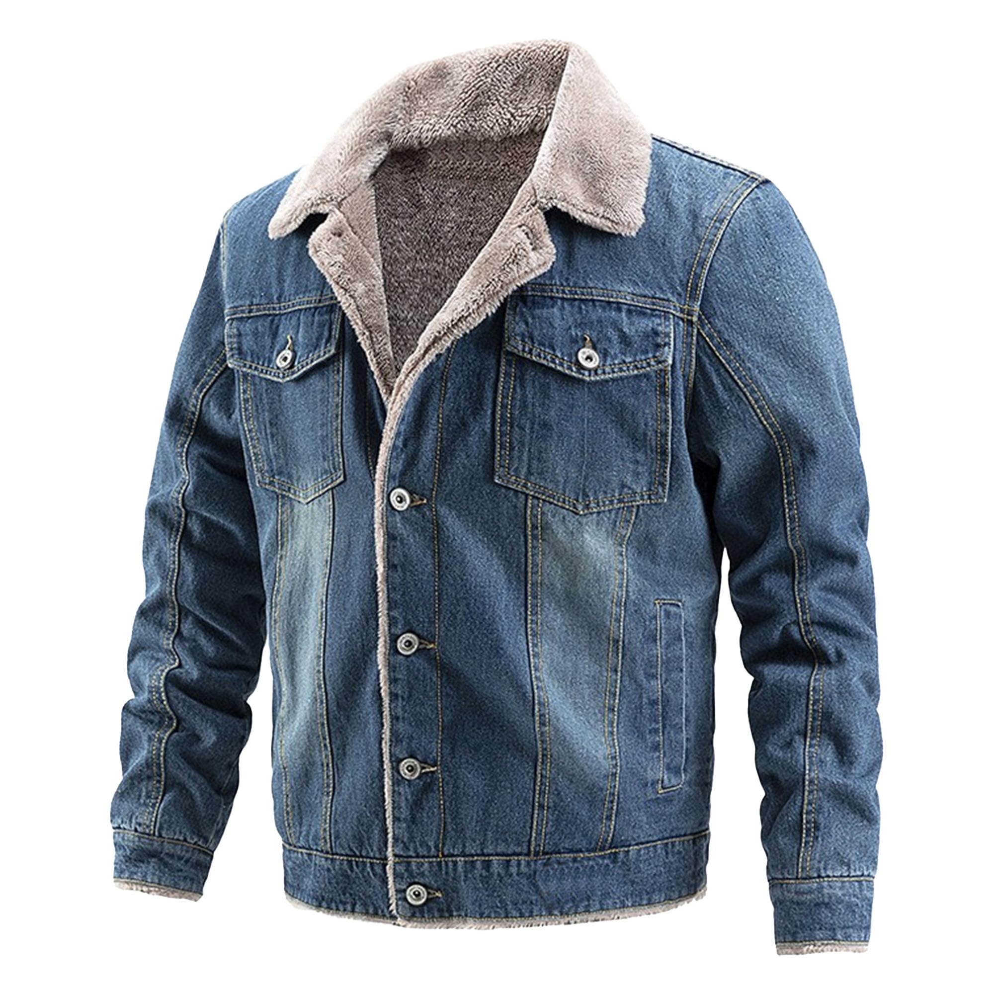 Chaqueta vaquera con forro polar para hombre, cuello de piel sintética, abrigos de invierno cálidos con botones, elegantes jeans casuales para exteriores
