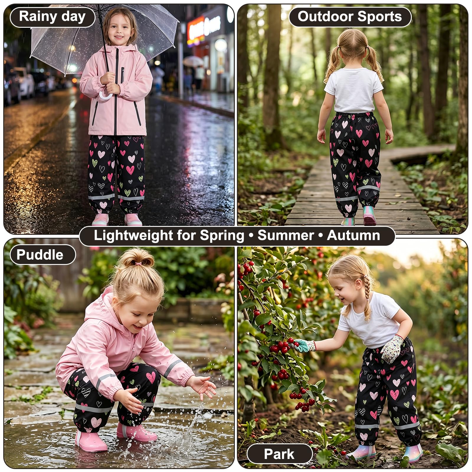Pantaloni Pioggia per Ragazza Ragazzi, Stampa Impermeabile Pantalone con Riflettente Bambini Leggero Antipioggia Anti-Fango Pantaloni All'aperto Abbigliamento per 1-10 Anni