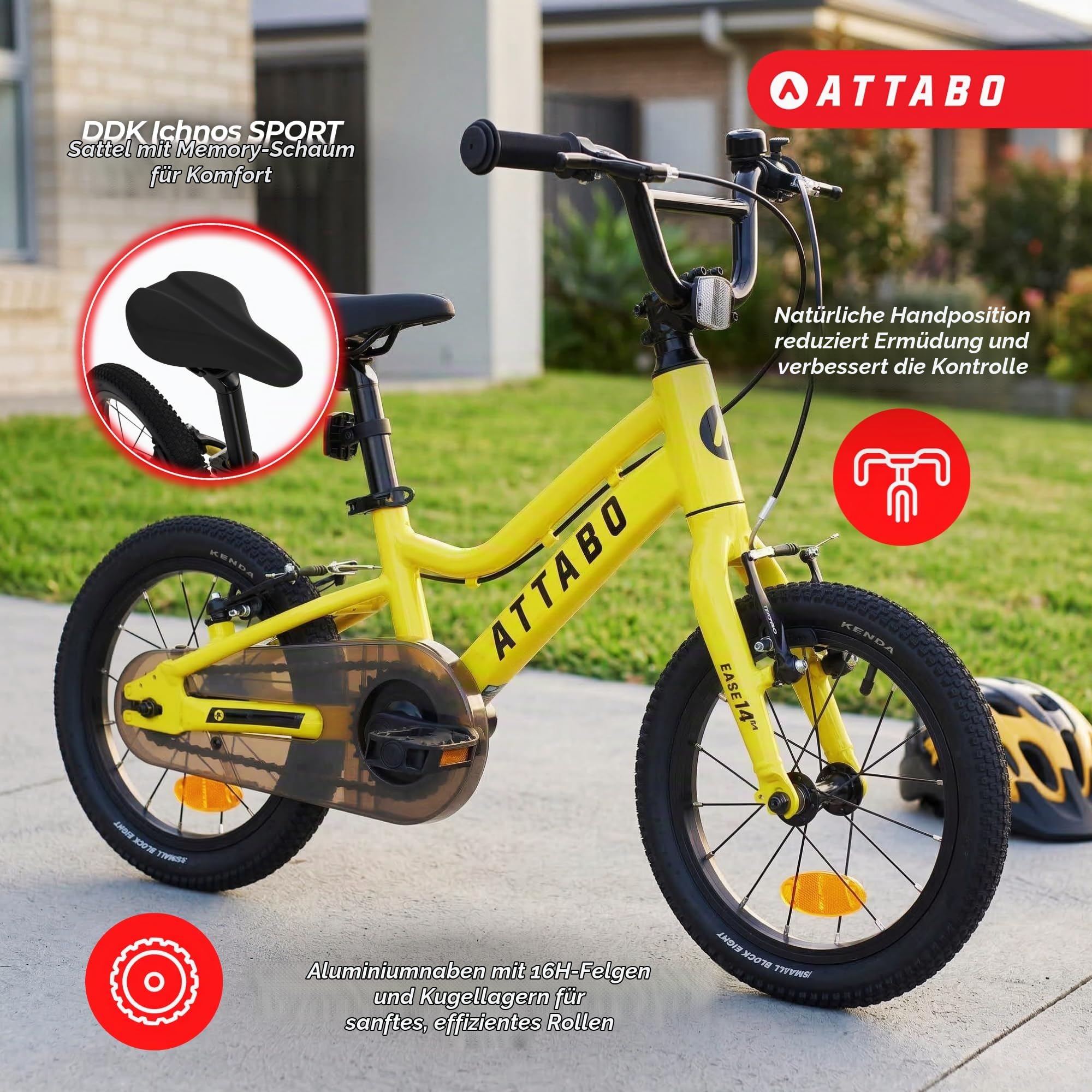 ATTABO Ease 16 Zoll Kinderfahrrad leicht 7,3 kg | 6061-Aluminiumrahmen, Kenda-Reifen, TEKTRO V-Brakes und Schnellspanner am Sattel für Alltag und erste Touren