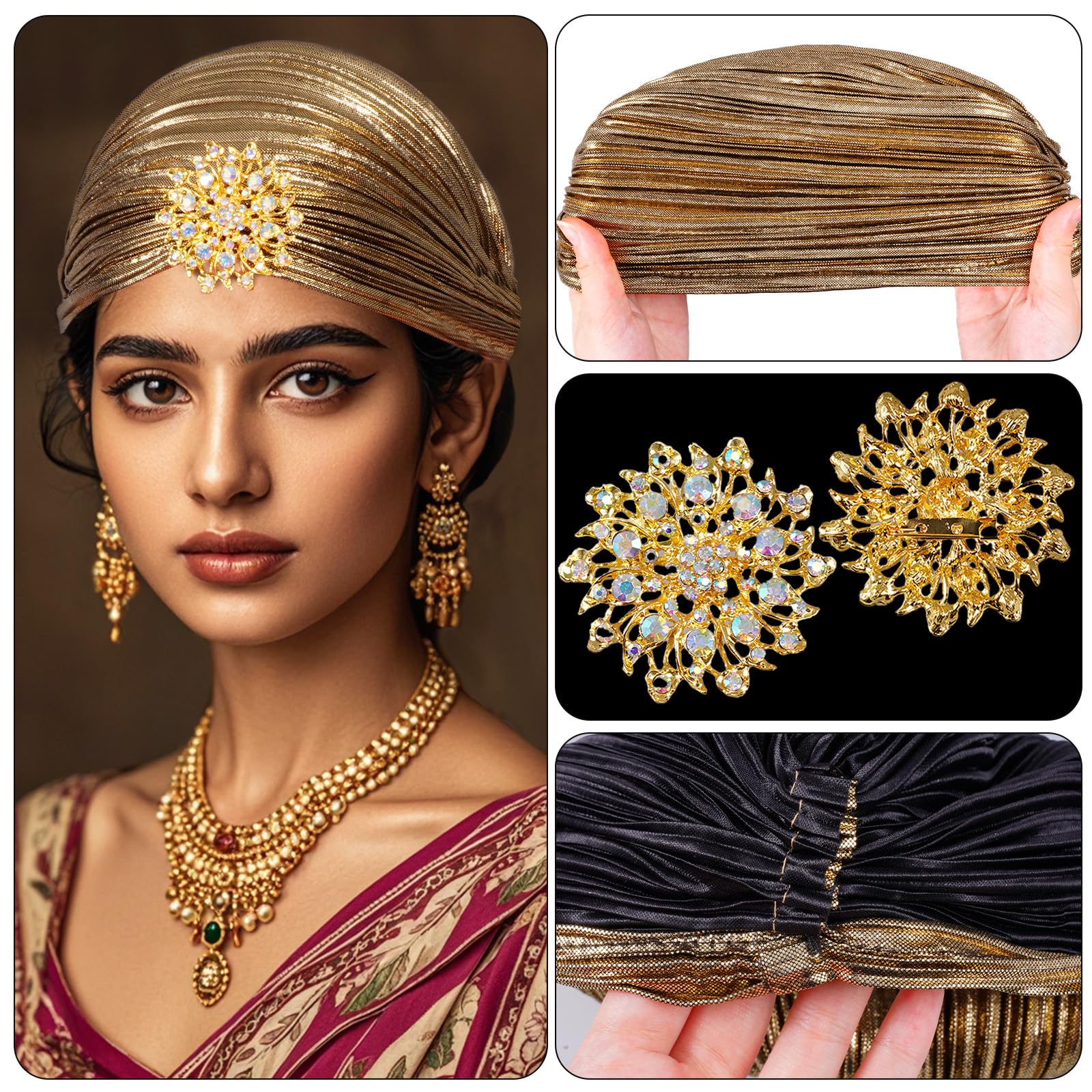 Turban damski kapelusz ze zdejmowaną broszką kryształową broszka w stylu lat 20. XX wieku, styl vintage, turban, elastyczna opaska na głowę, akcesoria do kostiumu Gatsby