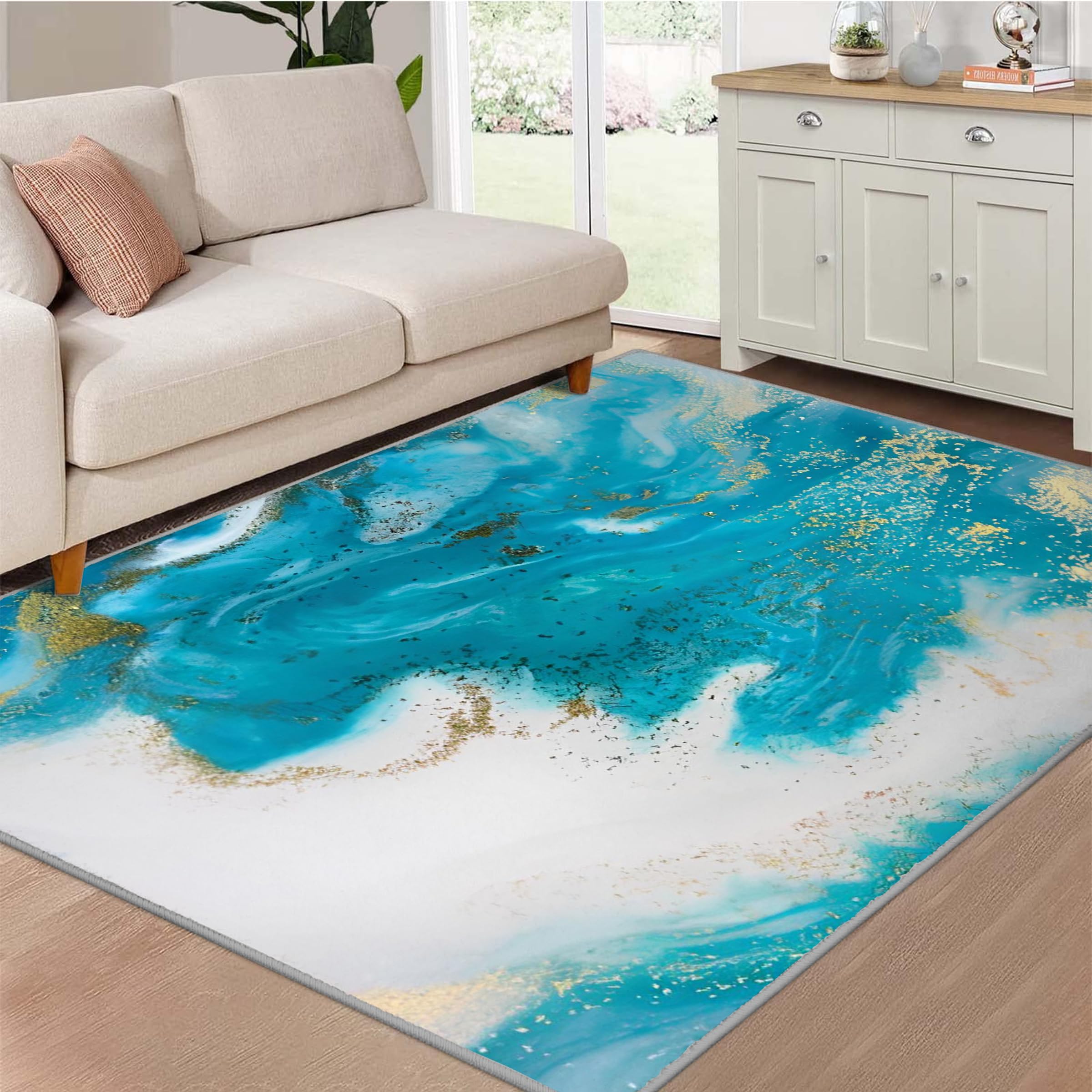 Tapis Marbre Turquoise Lavable en Machine Tapis Salon 140x140 Poil Court, Bleu Canard Tapis Descente de Lit Chambre Doux Tapis Sol Absorbant, Moquette Decoration Chambre Ado Adulte