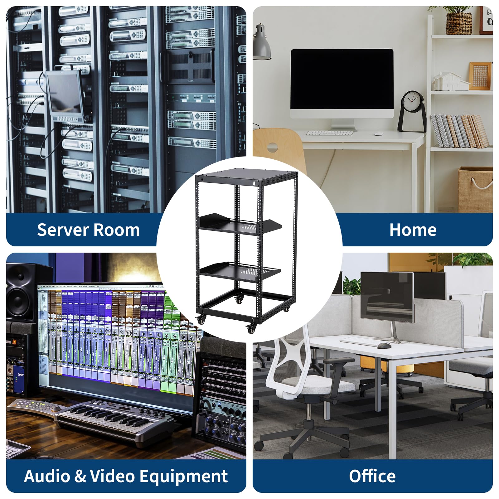 GarveeHome Rack Server e Rete Open Frame in acciaio - Profondità regolabile 56-102cm - 10U - 2 ripiani ventilati, 4 ruote bloccabili - Montaggio a muro o pavimento - Per IT, AV, networking - Include 2