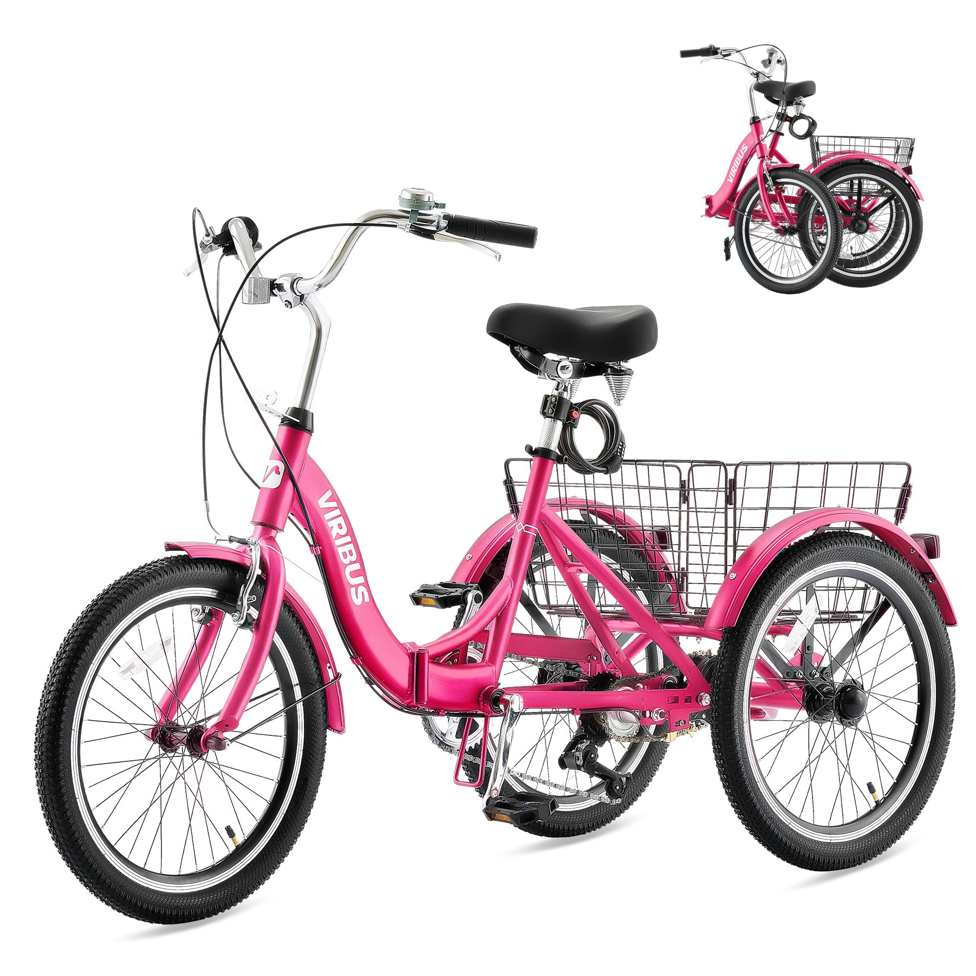 VIRIBUS Folding Tricycle for Adults, 7 Speed 20 Inch Mini Foldable 3 Wheel Bikes for Women Seniors with Dual Chain &amp; Low Step-Through Frame, Collapsible Trike with Cargo Basket, 330 lbs, Hot Pink