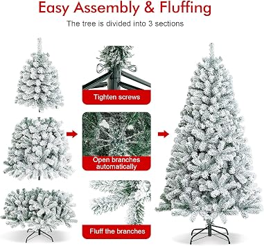 GiantexUK 6FT/7.5FT Snow Flocked Christmas Tree, Artificial Hinged Xmas Tree with Branch Tips, PVC Needles & Foldable Metal Stand, 3-section Festival Party Home Decoration (180 cm) | Artificial Hinged Xmas Tree with Branch Tips, PVC Needles & Foldable Metal Stand, 3-section Festival Party Home Decoration