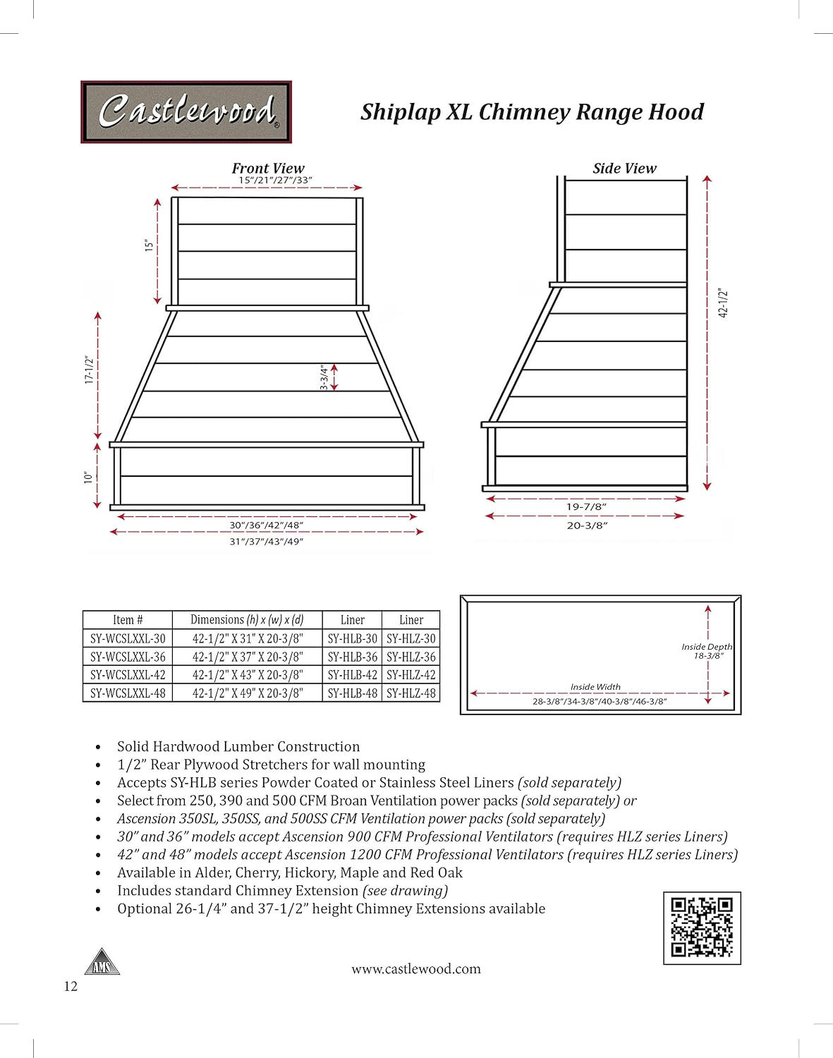 Castlewood Shiplap XL Chimney Range Hood - Maple (H 42-1/2 | W 31" | D 20-3/8" - With 900 CFM Ventilator/Liner)