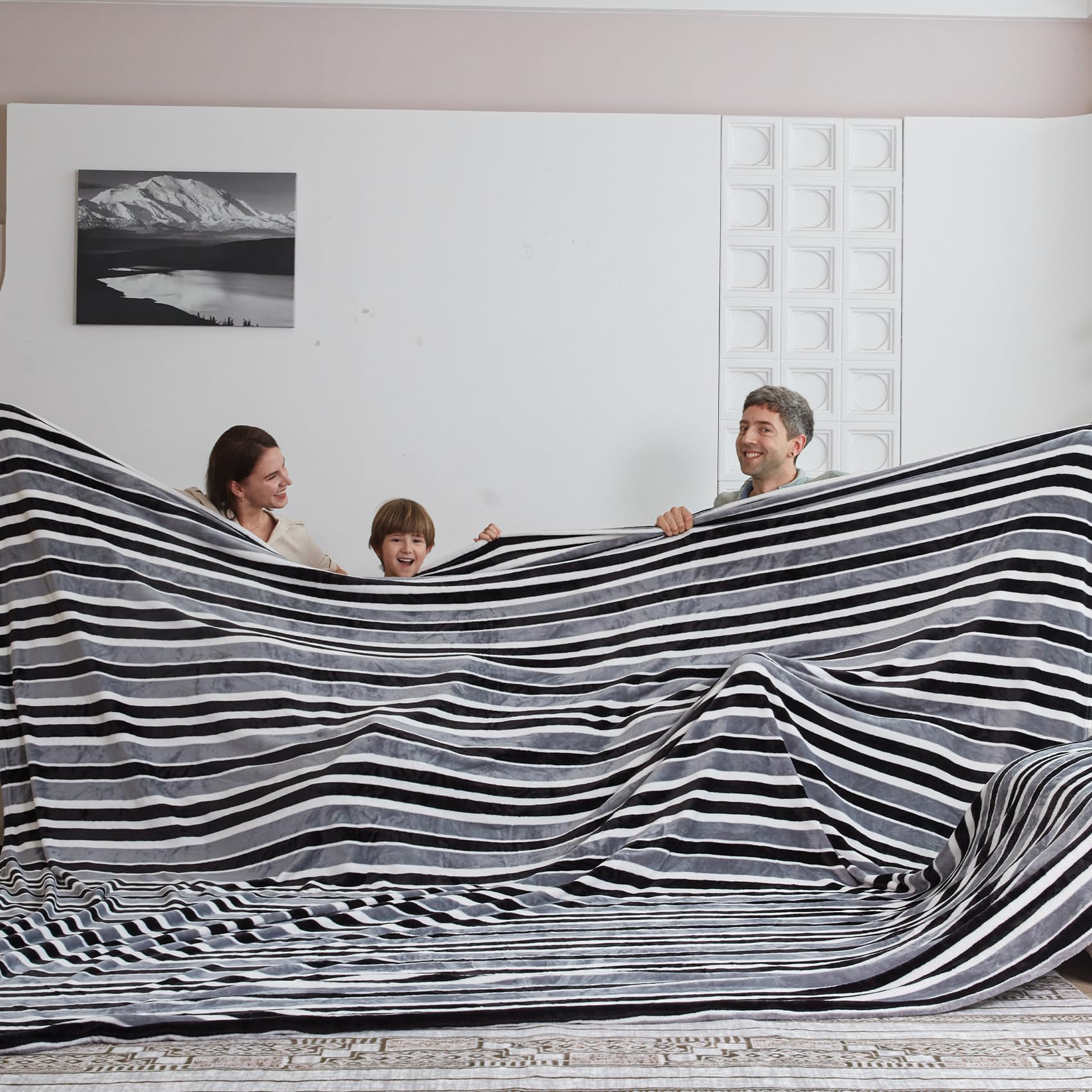 COOVA Oversized King Fleece Blanket 120x120 inches, Soft Cozy Warm Giant Extra Large 10'x10' Blanket for Bed, Sofa, Couch,Travel, Camping, California Huge Flannel Big Throw Blanket, Grey Stripes