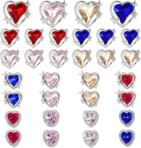 qiipii 30 dijes de uñas de corazón para uñas para el día de San Valentín, diamantes de imitación de corazón 3D, gemas de uñas de 6 colores,