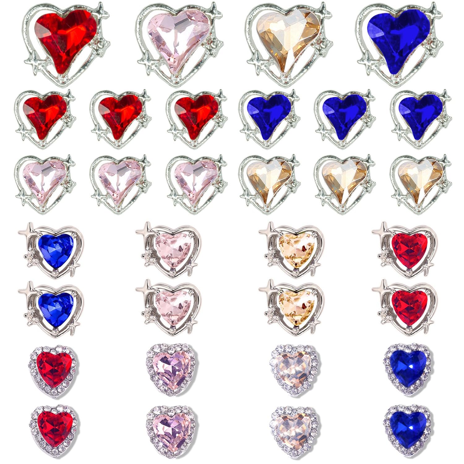 Qiipii 32 Pcs Heart Charms for Valentine's Day - 3D Rhinestones, Gems, 4 Color Love Crystals, Diamonds, Alloy Studs - Nail Art Jewelry Supplies Decor