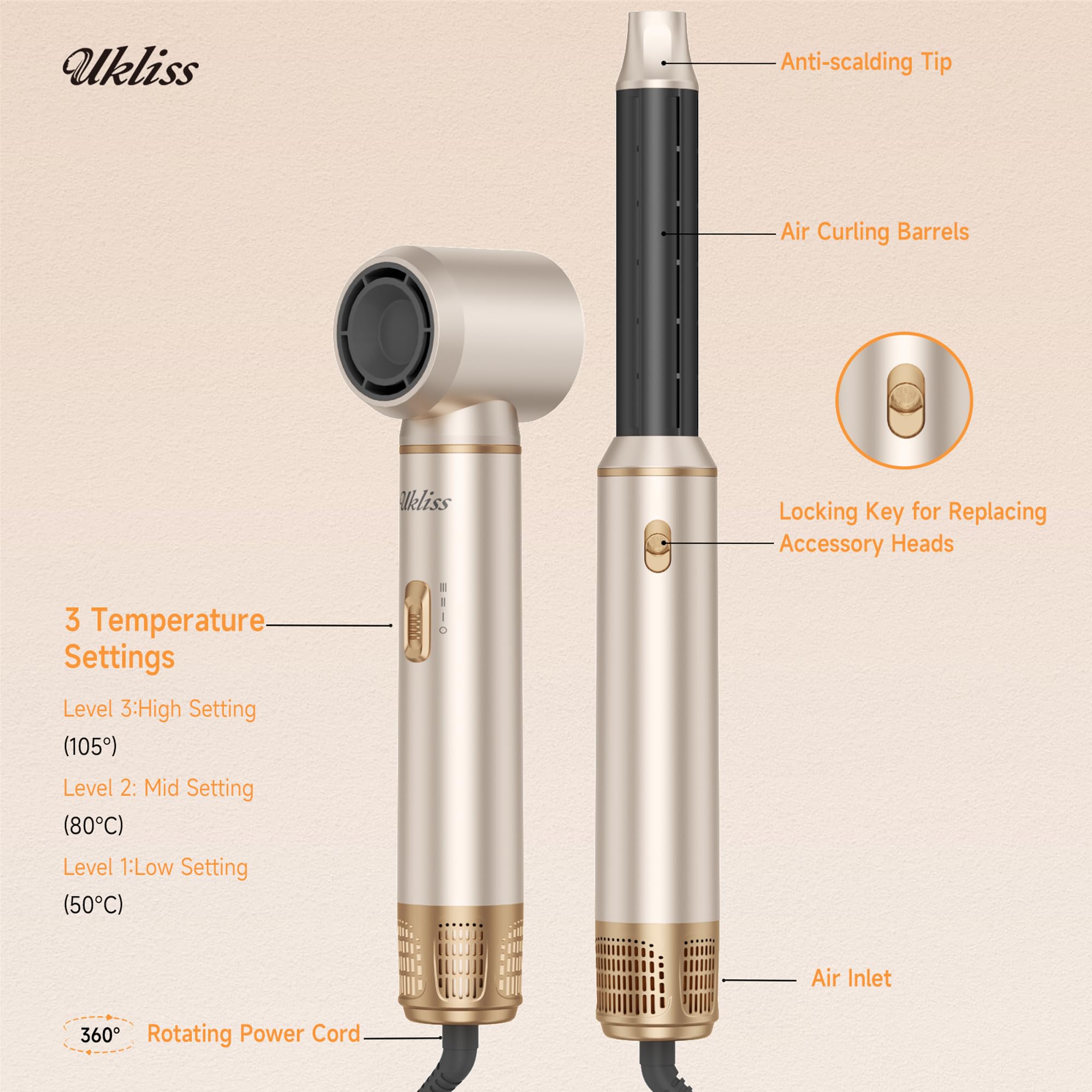 UKLISS Hairstyler - Set 5 in 1 con spazzola rotonda per capelli da 1000 W, con arricciacapelli ad aria, spazzola ad aria calda, spazzola per asciugacapelli, spazzola lisciante, per asciugare e