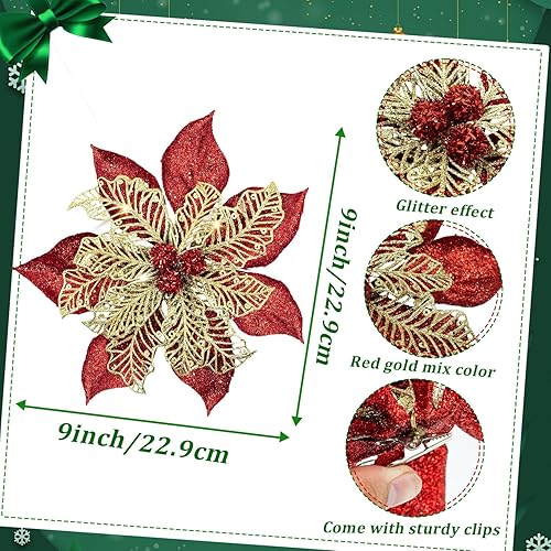 Miniatura 4 de Flores de Pascua de Navidad grandes de 9 pulgadas, 4 piezas de adornos artificiales para árbol de Navidad con purpurina roja y dorada con clips para