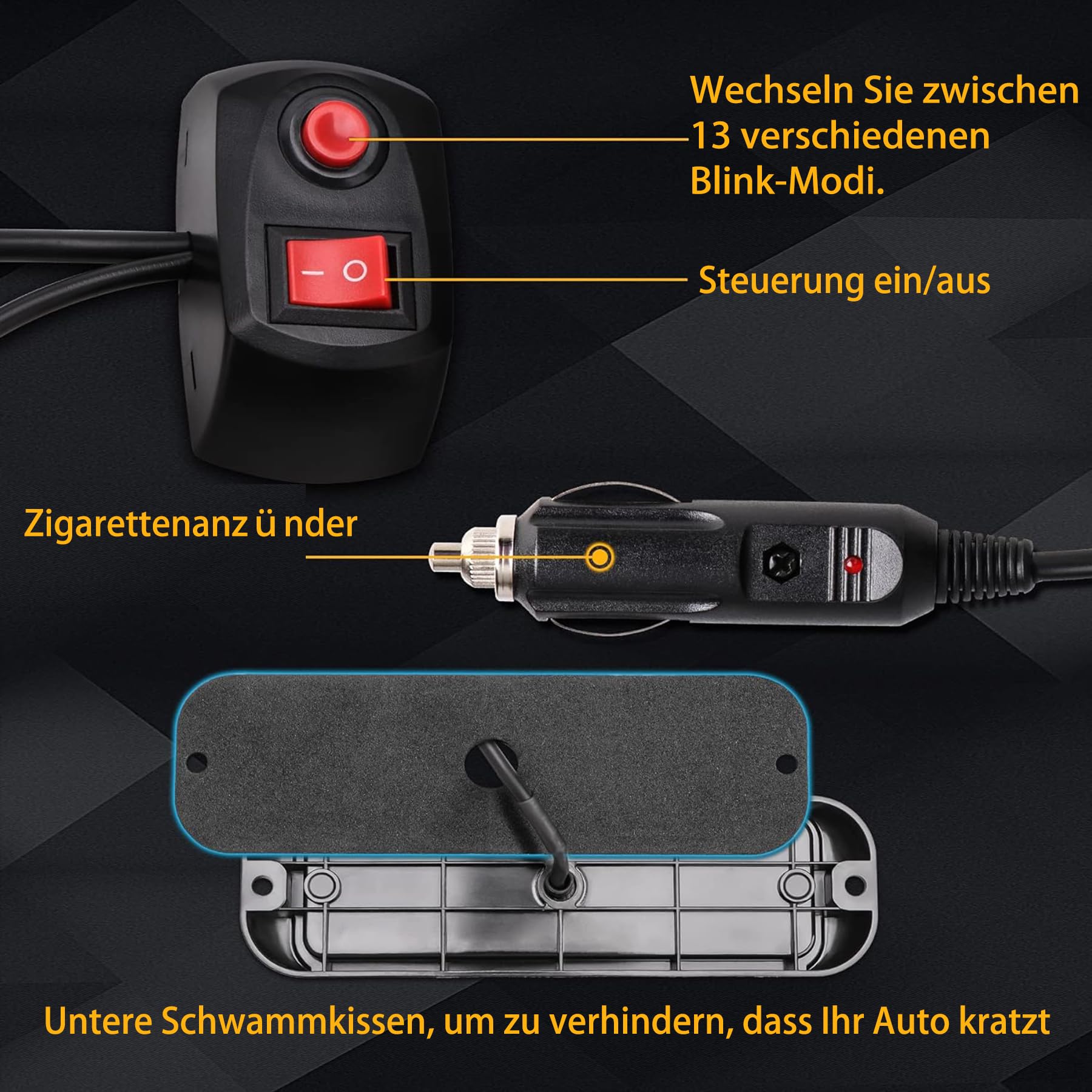 8X16LED Warnlicht Frontblitzer - 12V/24V Blinklicht Stroboskoplicht Warnleuchte, IP67 Wasserdicht Warnung Blinklichter Strobe 13Modi Blitzmodul für Truck Traktor Emergency KFZ LKW(Gelb)