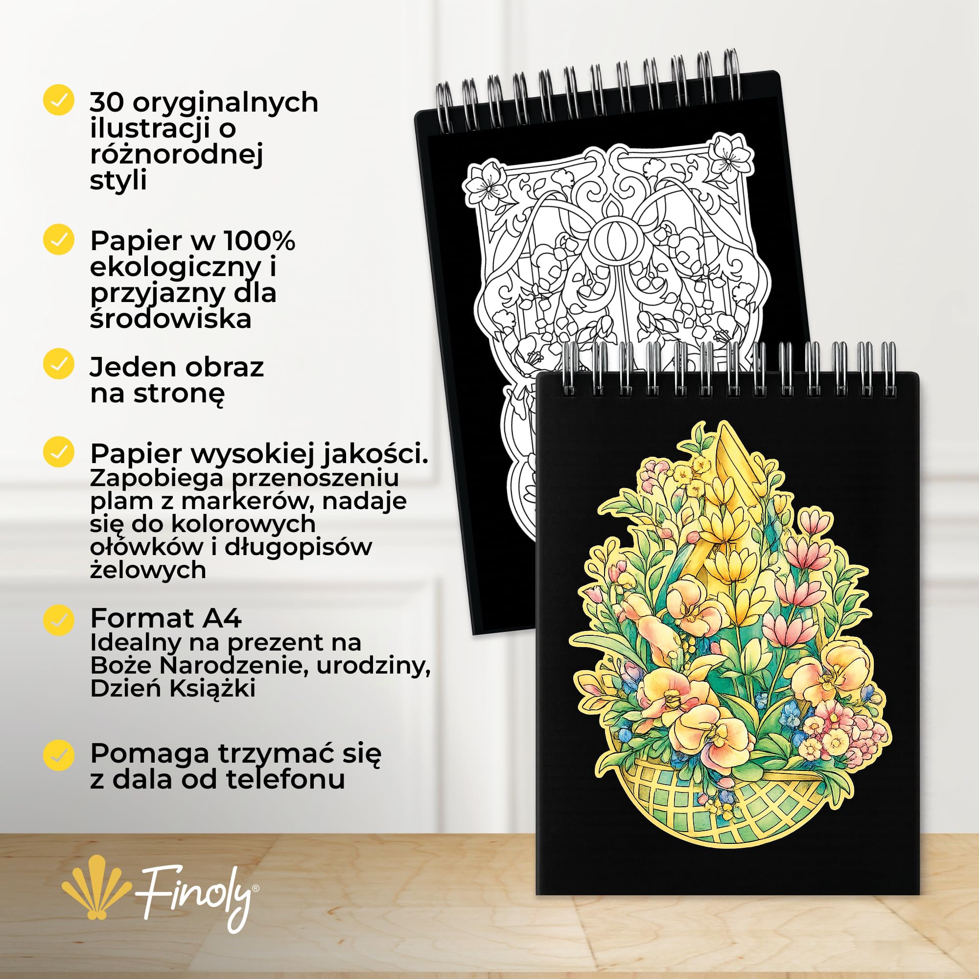 Finoly Kolorowanka dla Dorosłych Kwiaty A4 Redukcja Stresu | Kolorowanki dla Dorosłych Początkujących i Zaawansowanych | Zeszyt do Kolorowania Mindfulness Antystresowy, Gruby Papier (Noc)