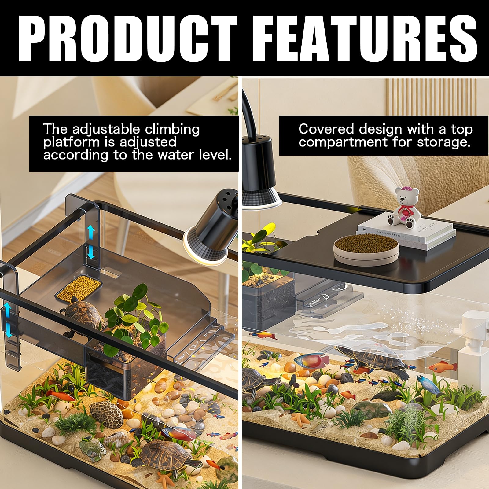 Terrarium Tortue avec Plateforme de Repos et Lampe, Aquarium Tortue Deau avec Plateforme de Repos Suspendue, Petit Terrariums pour Tortues avec Couvercle, Turtle Tank pour Reptiles Amphibiens