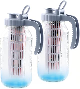 Mason Jar Pitcher With Fruit Infuser 2 Quart Water Pitcher With Pour Spout Lid 2 Pack Half gallon Wide Mouth Glass Carafe For Milk, Fruit Infused Water, Iced Tea, Lemonade, Cocktail, Cold Brew Coffee