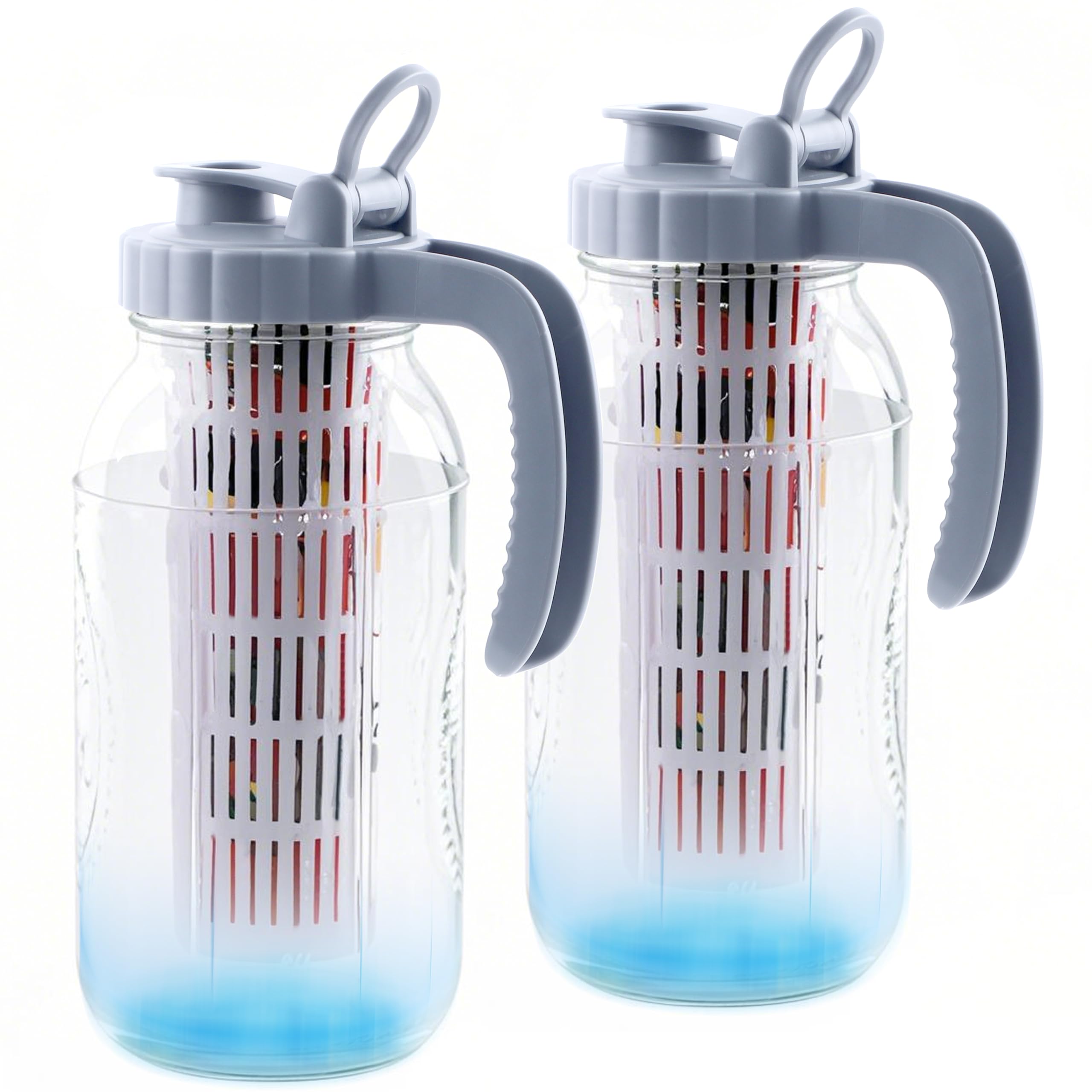 Einmachglas-Krug mit Fruchteinsatz, 2 Quart Wasserkrug mit Ausgießdeckel, 2 Stück, Glas-Karaffe mit breiter Öffnung, für Milch, Obst, Eistee, Limonade, Cocktail, kaltgebrühten Kaffee