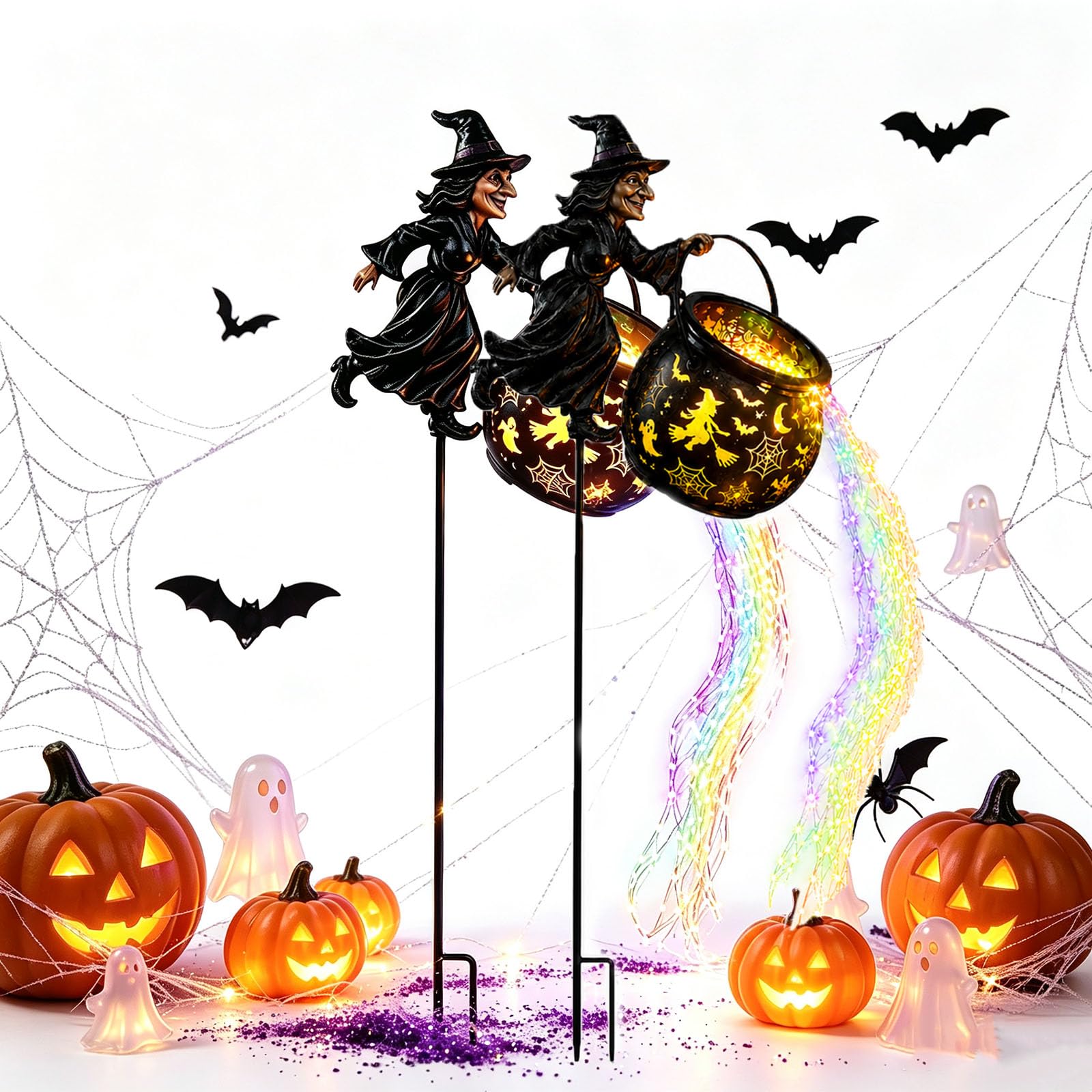 Everydries Halloween Witch Cauldron Garden Light, LED Color Waterfall-Style Light Flow Flying Witches Halloween Décor (2pcs)