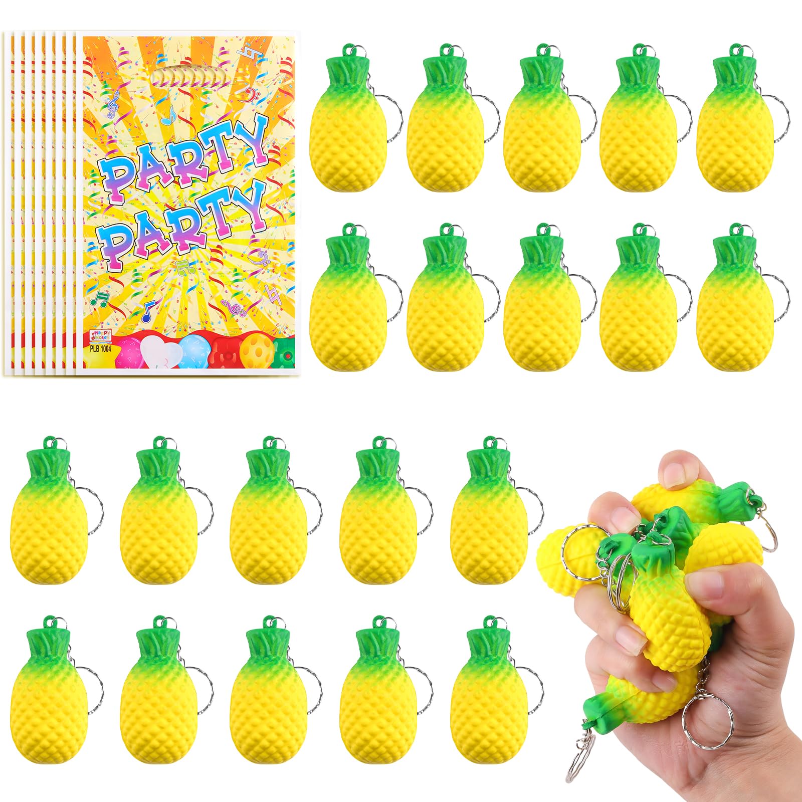 Anboor 20 Pcs Pineapples Stress Toys with Keychains and 10 Party Bags, Stretchy Pineapples Fidget Toys for Stress Relief, Mini Squeeze Party Favors for Kids Adults, Bulk Sensory Toys for Birthdays