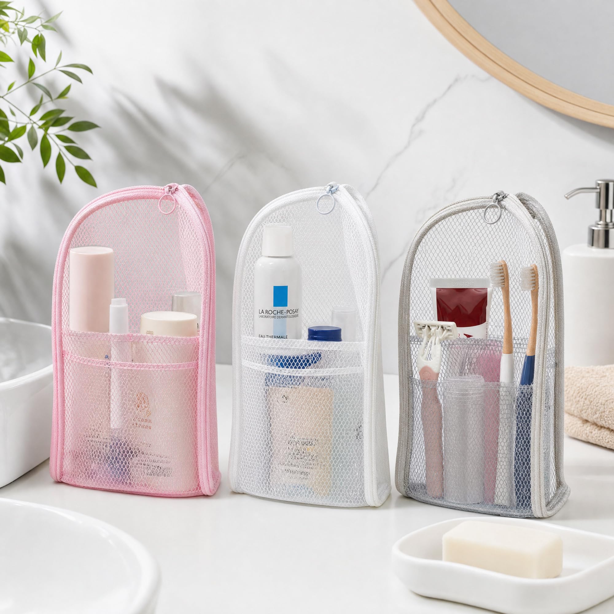 Neceser de pie de 3 piezas – Organizador de viaje plegable portátil con cremallera y bucle, malla EVA de gran capacidad, bolsa impermeable para baño, embalaje de maleta, artículos de tocador