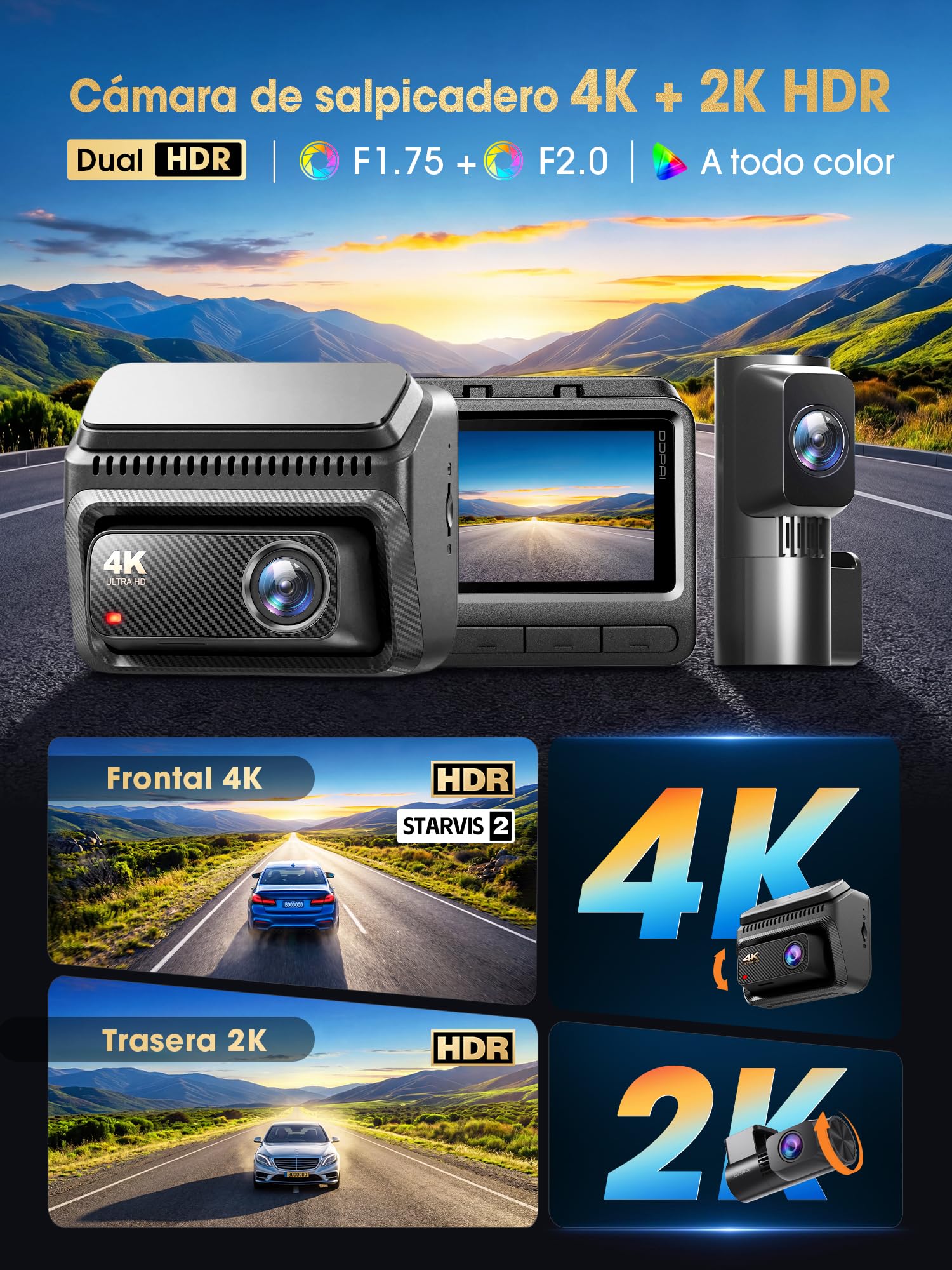 DDPAI Z60 Master 4K+2K Dash CAM Coche, STARVIS2 IMX678, HDR Dual Dashcam, Incluye Tarjeta de 64GB, 5G WiFi6, 2K/60FPS, GPS, 3" IPS, Visión Nocturna IA ISP, Modo Aparcamiento 24h, ADAS, 4G Disponible