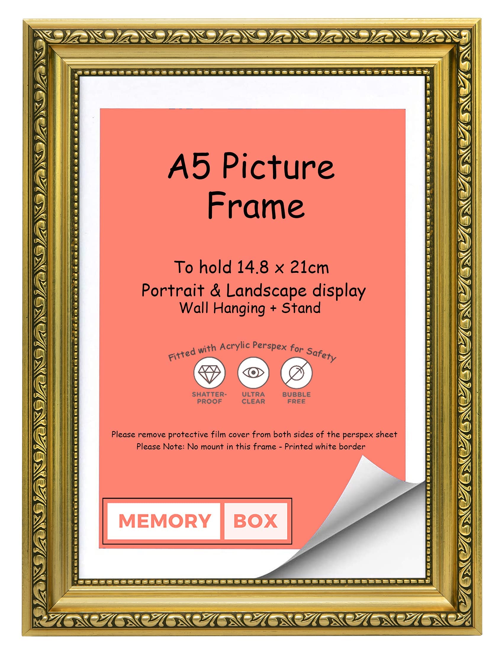 Memory Box Ornate Shabby Chic Picture/Photo/Poster frame with Real Glass - (14.8 x 21cm) Gold A5
