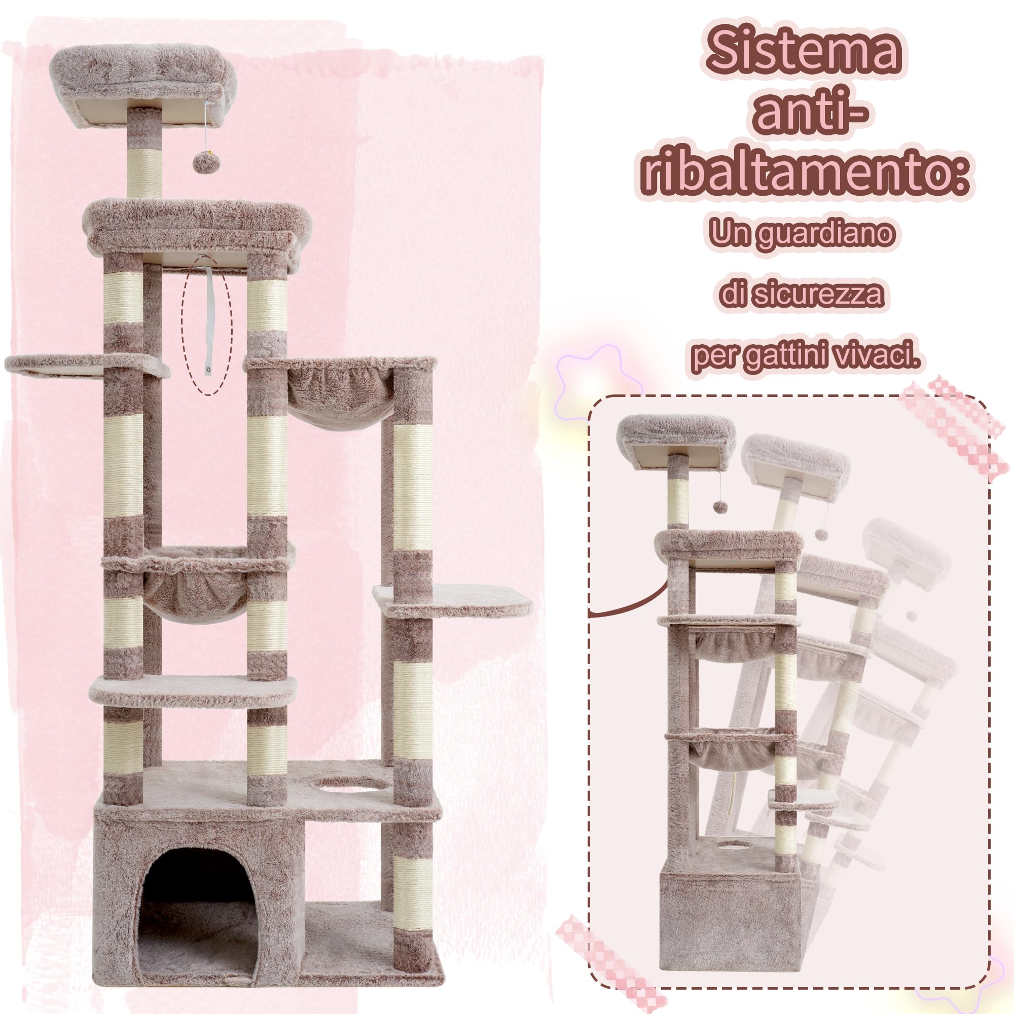 Heybly Tiragraffi Per Gatti, Albero Alto 180 Cm Con Base XL Stabilissima, Piattaforma Ampia E 2 Amache, Progettato Di Razza Maine Coon, Beige Marrone HCT037MU