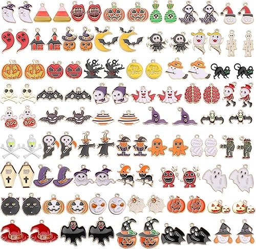SANNIX 110 piezas 55 pares de dijes de Halloween esmaltados dorados para Halloween, aretes, pulseras, collares, manualidades