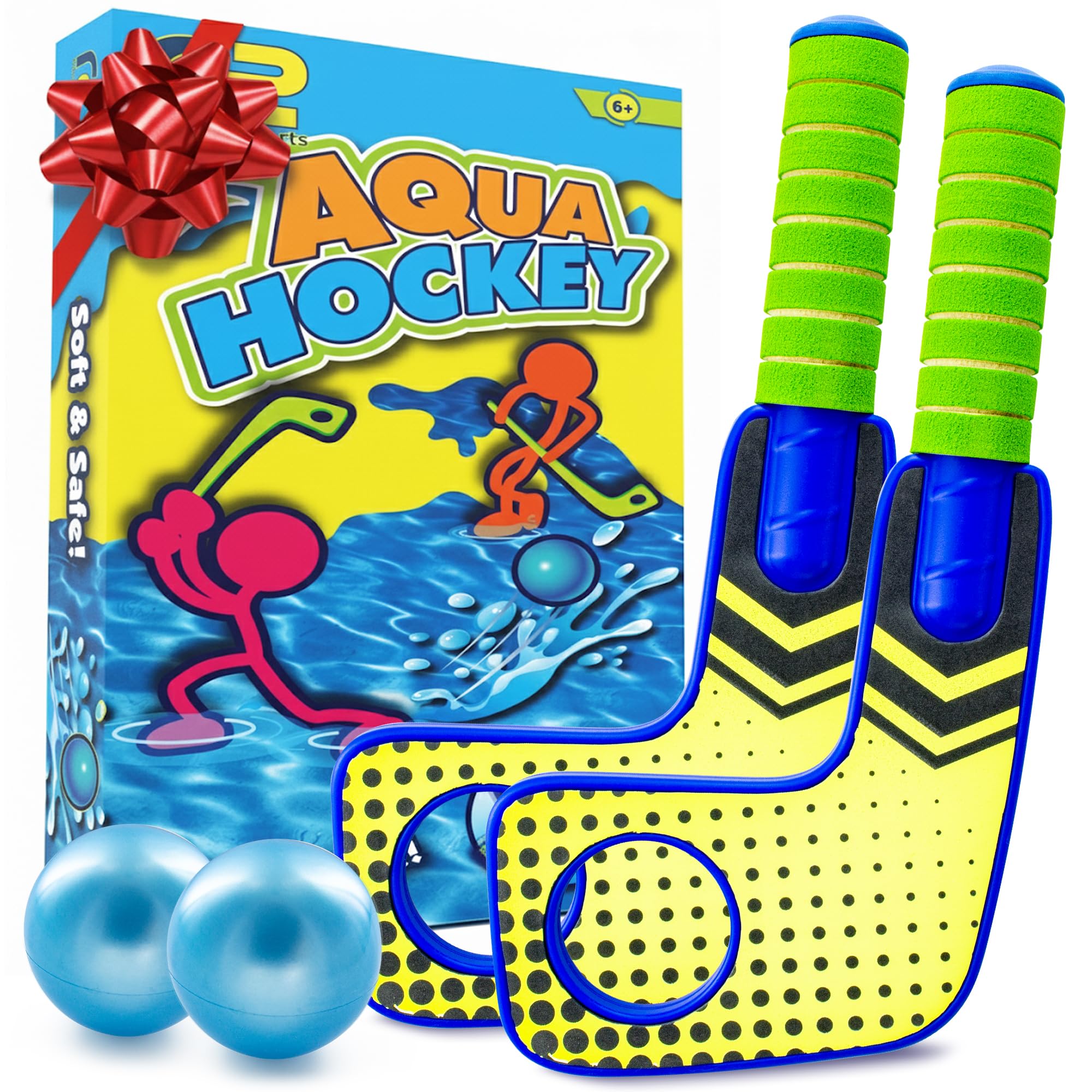 Refresh SportsFun Mini Hockey Sticks Game - Play at the Pool & Beach or in Home - For Kids & Adults All Ages - Use The Floating Soft Paddles to Shoot the Water Skipping Balls - Comes With 2 Sticks & 2 Balls