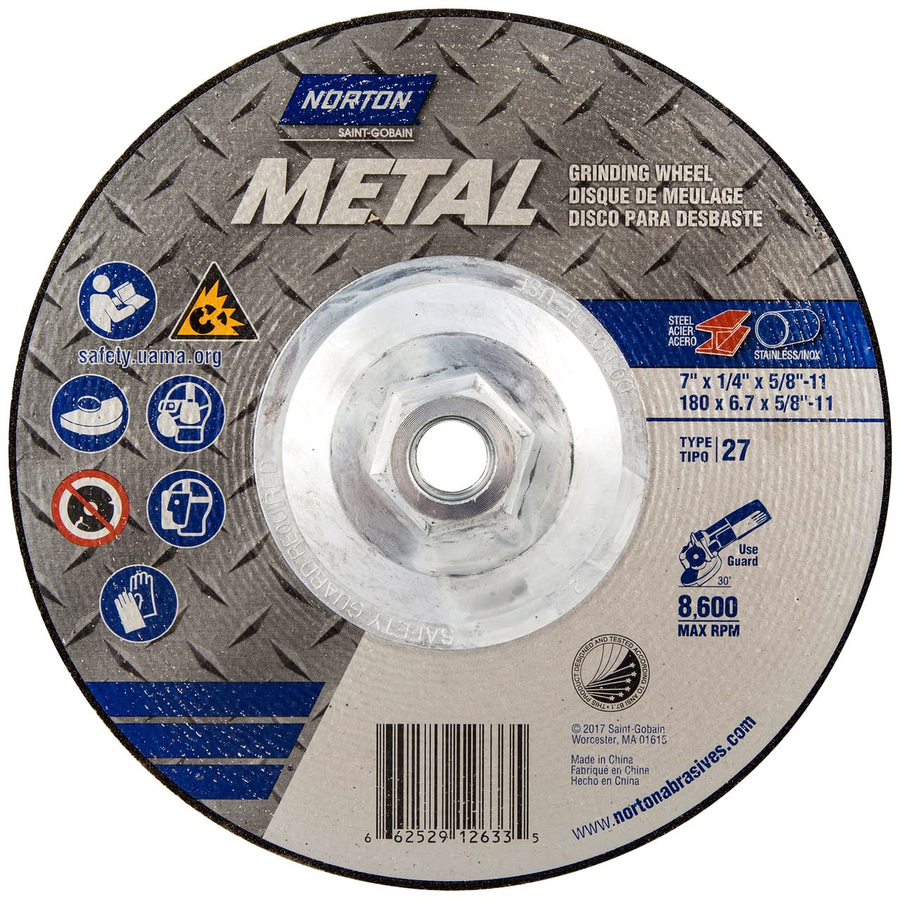 Norton 66252912633 7x1/4x5/8-11 in. Metal AO Grinding Wheels, Type 27, 24 Grit, 10 Pack