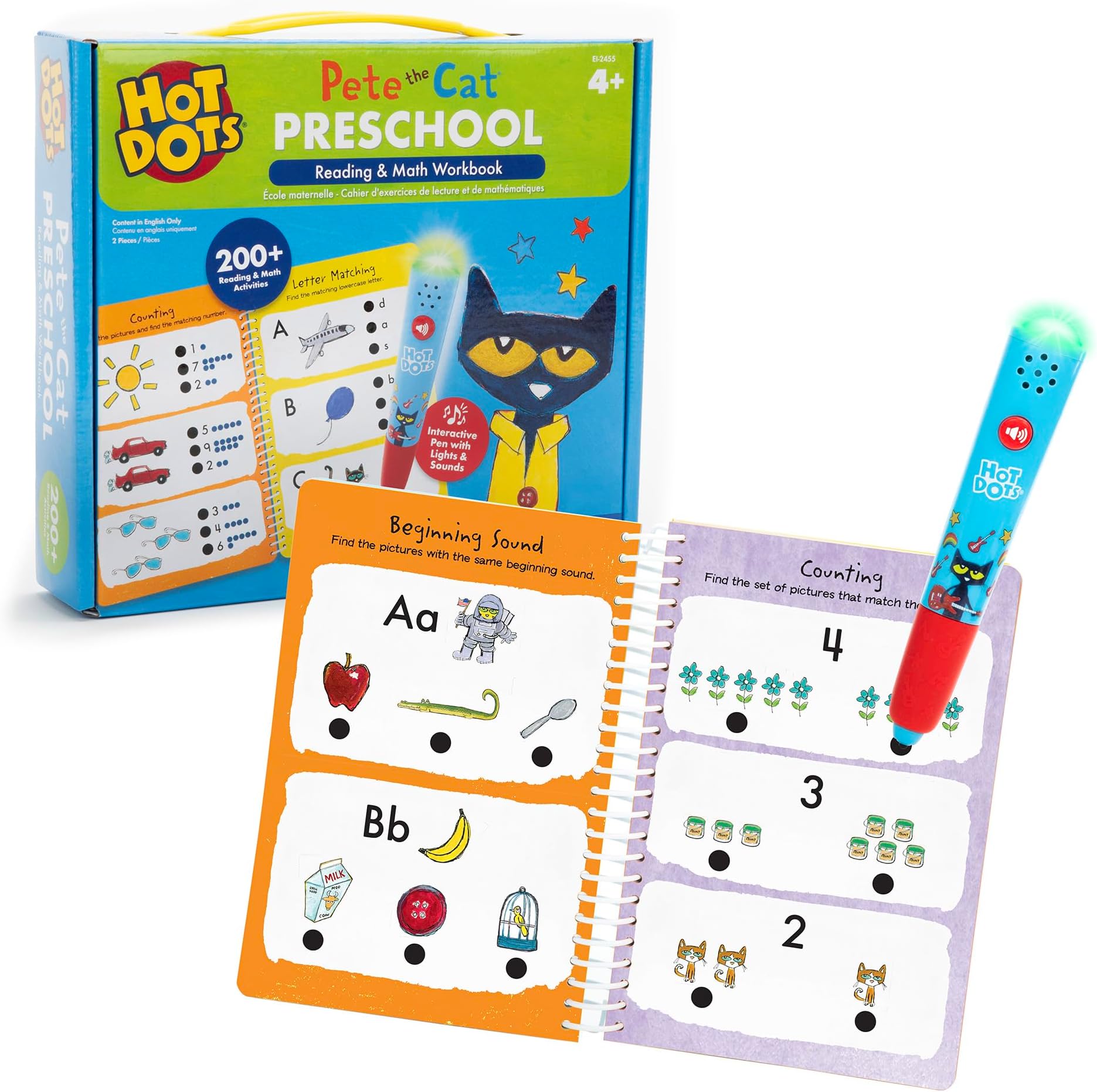 Hot Dots Pete The Cat Preschool Reading & Math Workbook - Preschool Workbooks with Interactive Pen, Homeschool Learning Books, Build Toddler Reading & Math Skills, Ages 4+