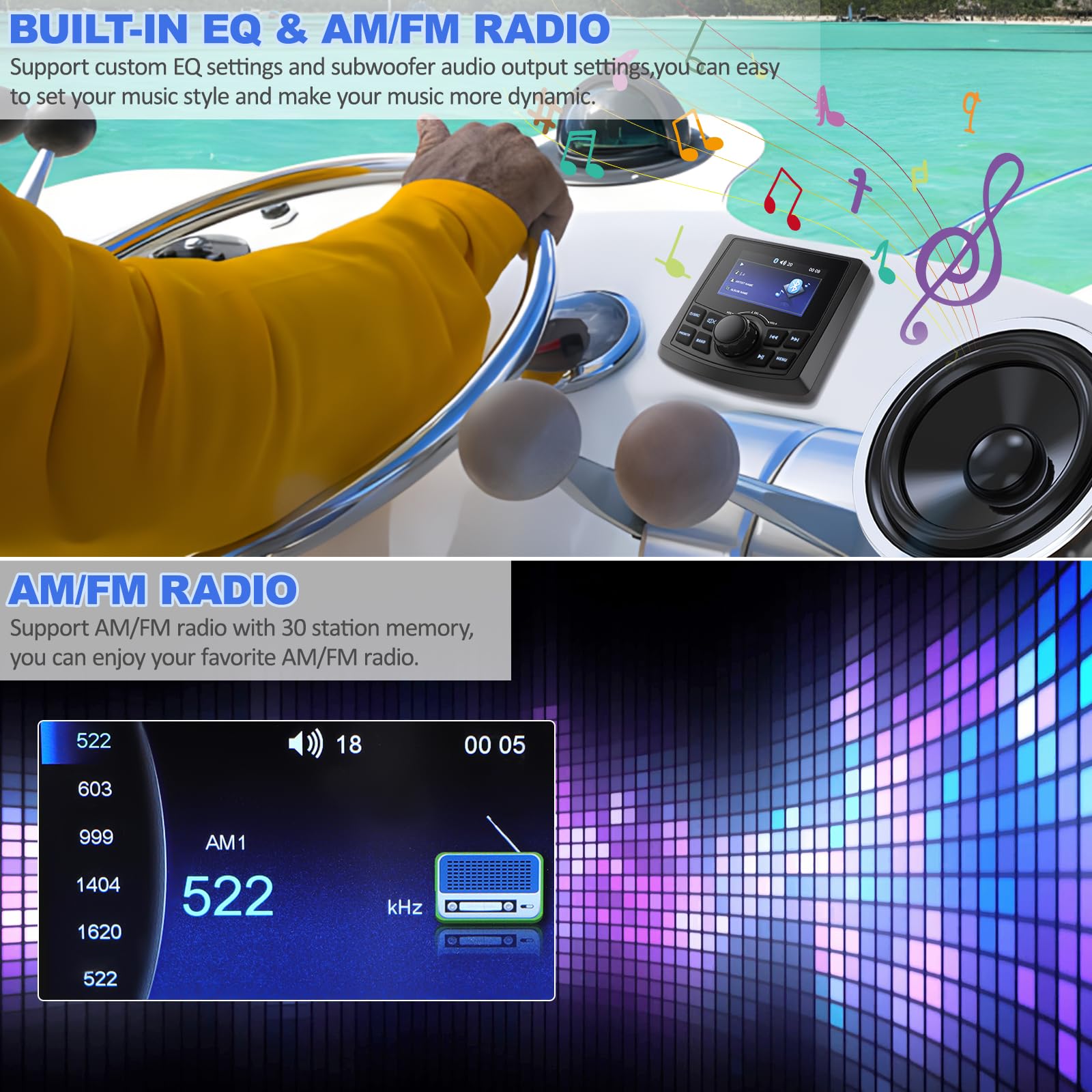 Stereo Marino Per Barca BT5.0 Lettore MP5 FM/Am Radio Ricevitore IPX6 Impermeabile WHF Nautico Fisso per Marine Yacht Camper