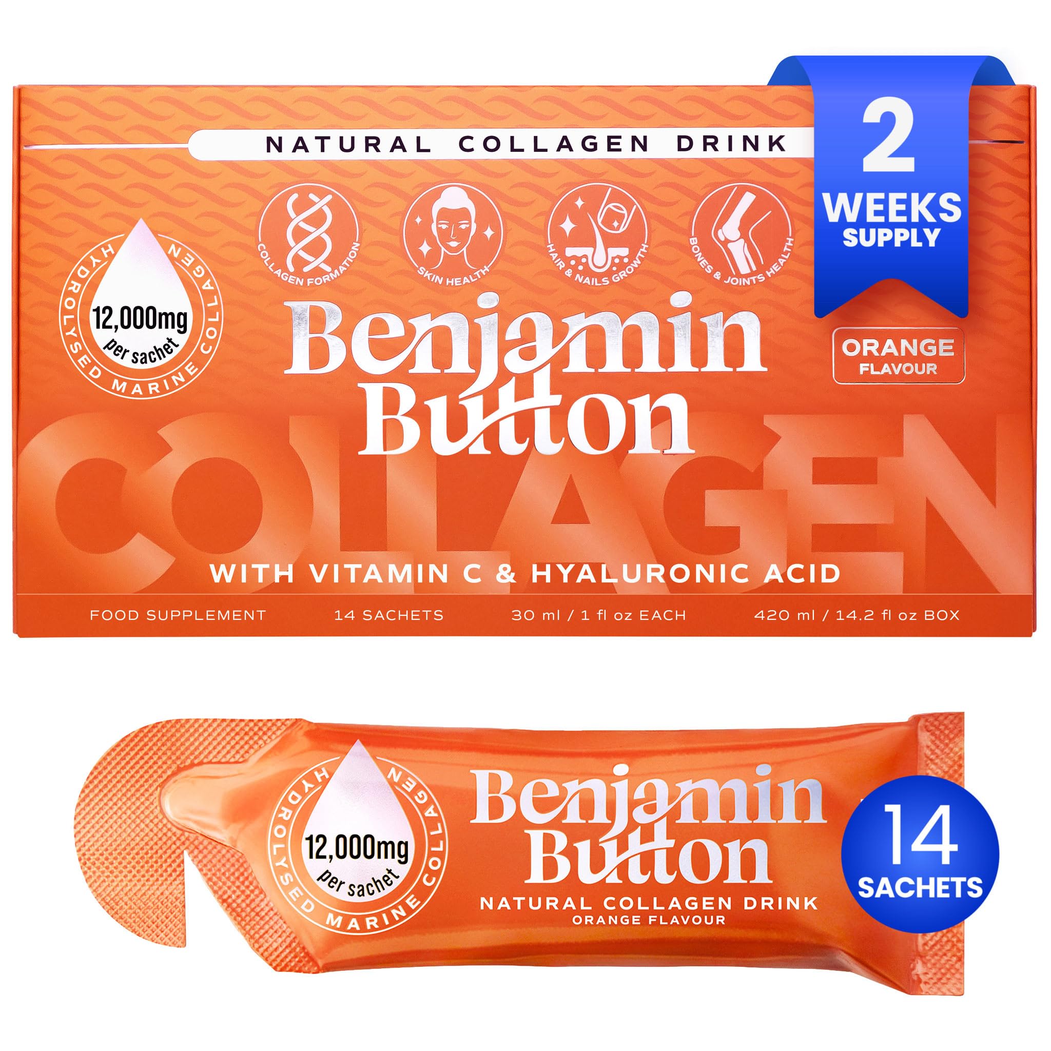 Benjamin Button 12,000mg Marine Collagen Liquid Shots| High Strength Hydrolyzed Marine Collagen Peptides w/Hyaluronic Acid & Vitamin C for Skin, Hair & Joints | Mango, 14 Daily Servings 30ml — Amazon image 14