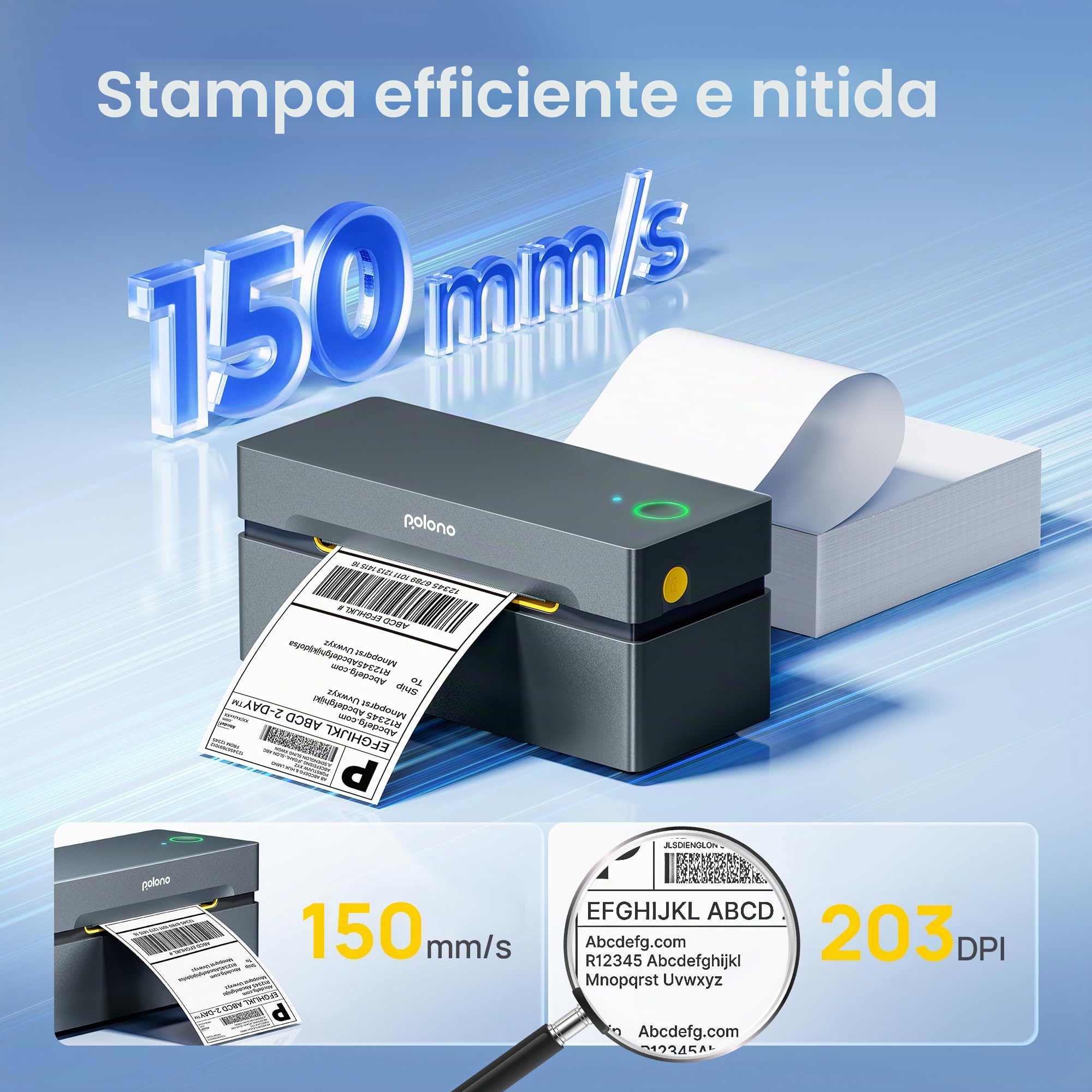 POLONO Stampante per Etichette Bluetooth, Etichettatrice Termica 4 x 6 per iOS, Android, Windows e Mac, compatibile con Amazon, Ebay, Shopify, Etsy, USPS, Grigi, 1 Pack+2 Accessori