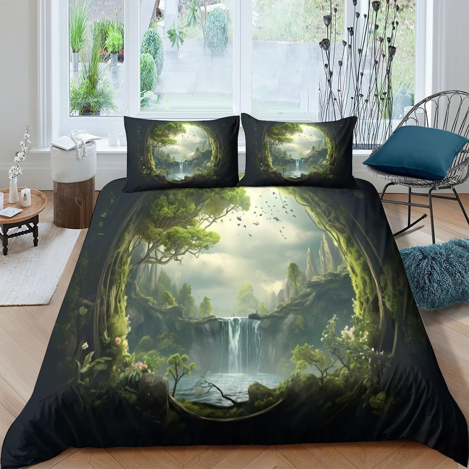 Ctjqhvkz Style-4 3D Printed Enchanted Forest Fitted Sheet Microfiber Soft Waterfall Landscape Mattress Cover Bedroom Decor Single（135X200cm）