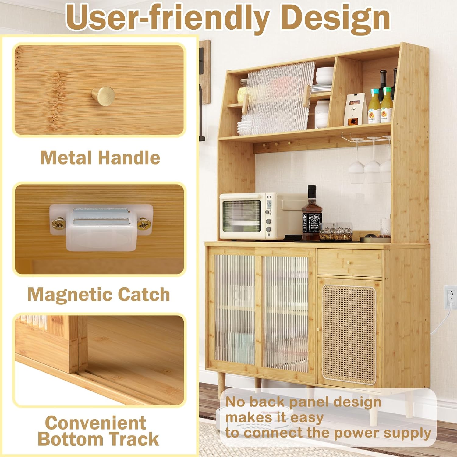 LOKO 69” Tall Bamboo Pantry Cabinet with Hutch, Kitchen Buffet Sideboard with Tempered Glass & PE Rattan Doors, Microwave Shelf, Glass Holder, Floor Cupboard Wine Bar Cabinet, Natural