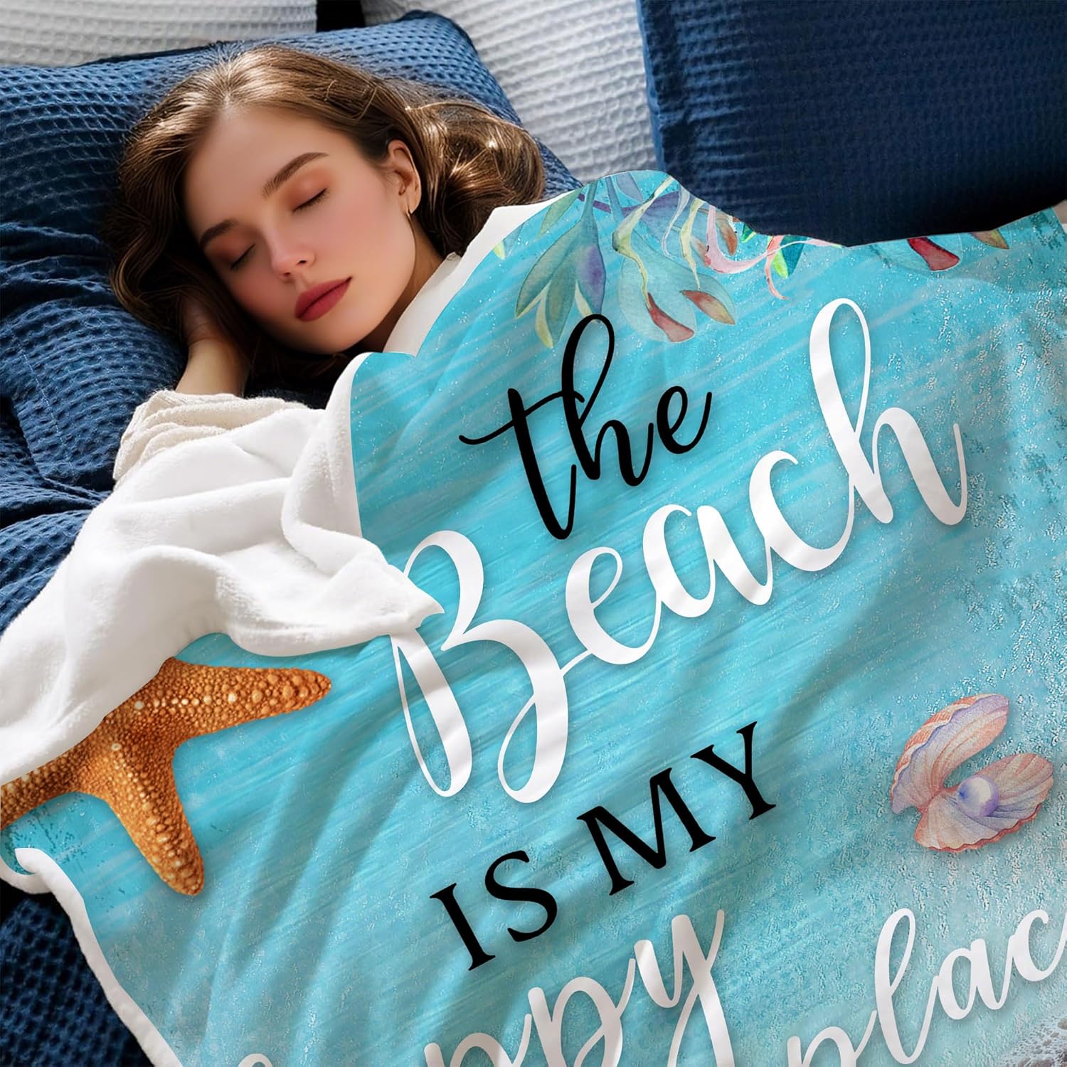 Beach Blanket, Blue Coastal Ocean Beach Throw Blanket for Couch, Bed, Summer Super Cozy Blankets Fuzzy Plush Lightweight Throw Blankets for Sofa, Bed, Living Room,50"X60" - Image 2