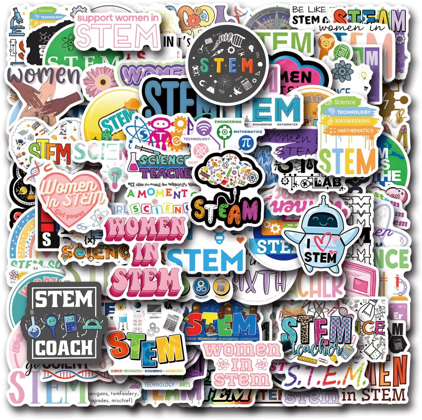 110Pcs Stem Stickers for Water Bottle, Laptop, Chemistry, Biology, Physics, Science Stickers- Women in Stem Gifts, Science Party Supplies- Gift for Women & Men