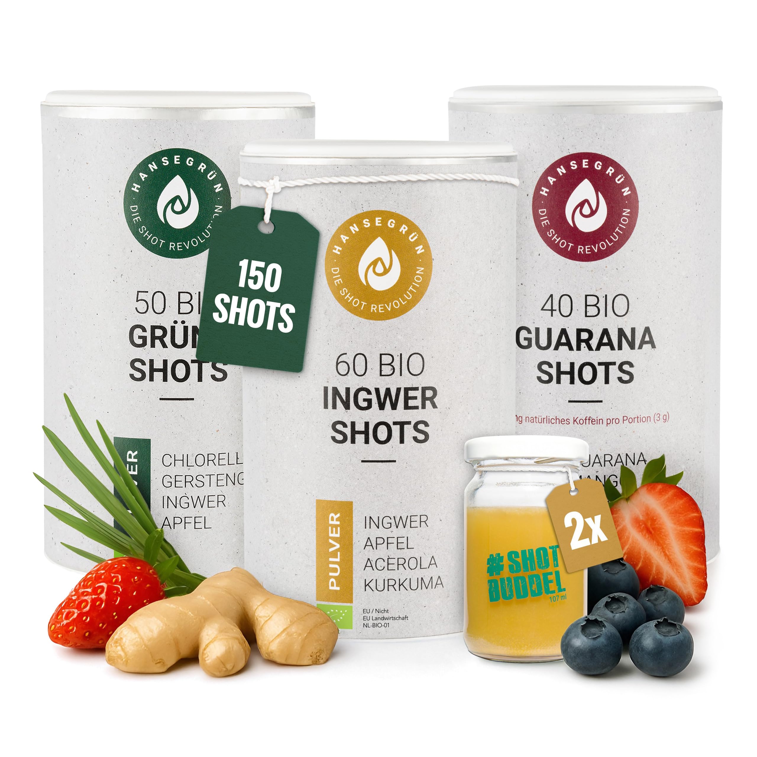Hansegrün - Kennlernset - Bio-Shots mit Ingwer, Greens & Guarana (150 Shots) - Veganes Superfood-Pulver zur Stärkung von Immunsystem¹, Darmfunktion³ & täglicher Energie² - 100% echte Zutaten