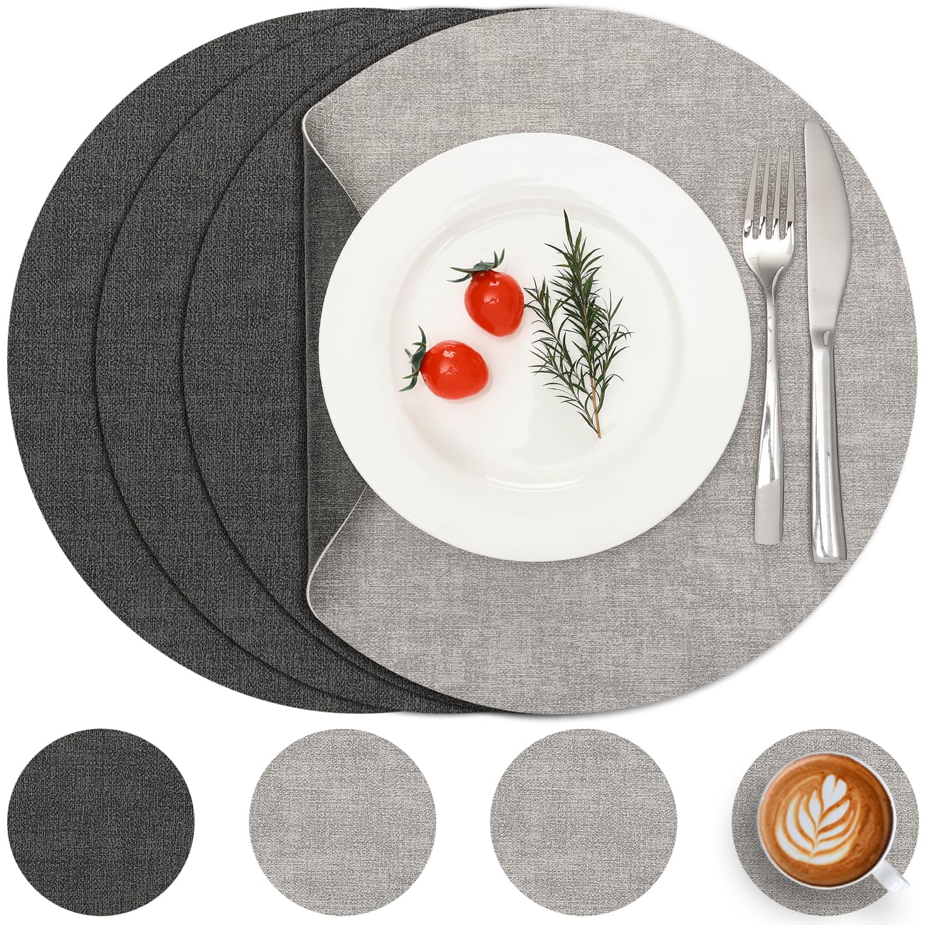 Myir Jun Light Grey Grey Round Placemats And Coasters Set Of 4 Dual Sided Leather Place Mat