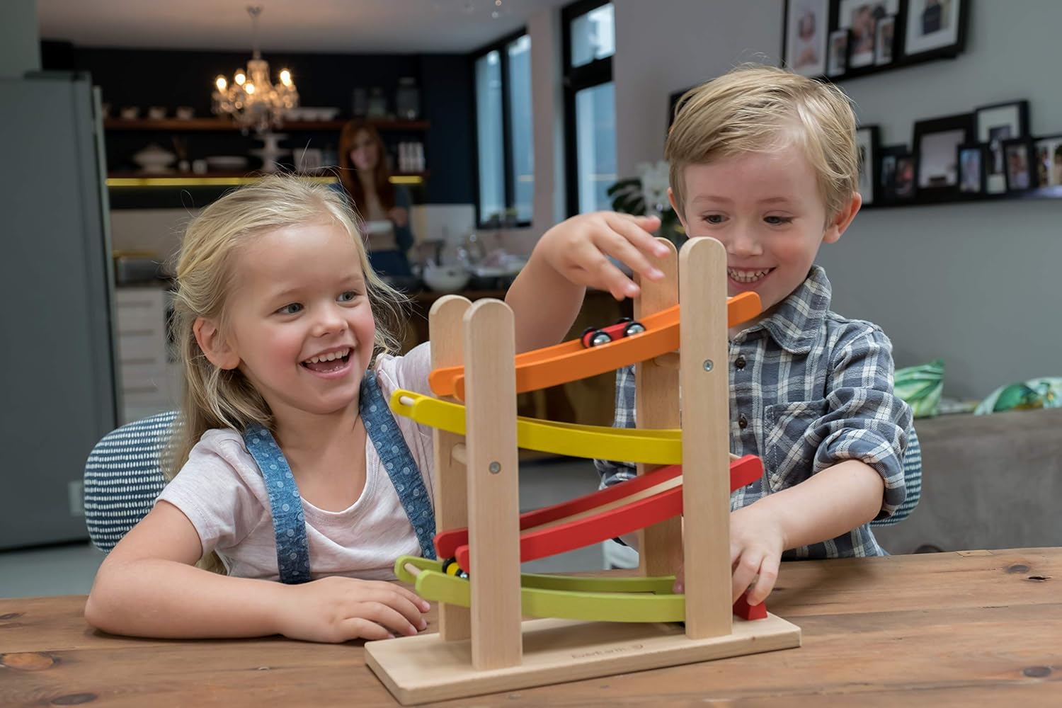 Jr. Ramp Racer. Race Track for Toddlers and 4 Wood Cars, Race Car Ramp Set