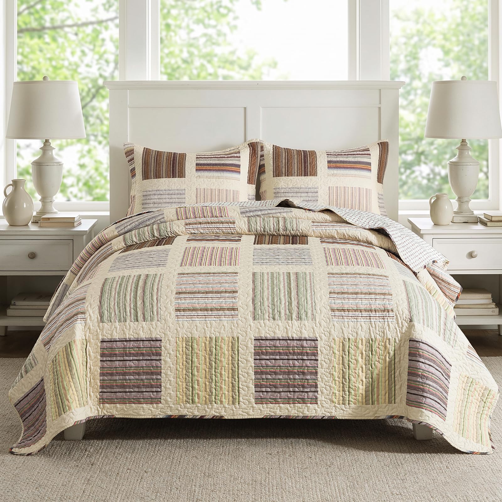 NEWLAKE Quilt Set Queen Size, Bedspread Sets Vintage Striped Blocks, Quilt Bedding Set Lightweight and Breathable for All Seasons, Soft Quilted Bedspread with 2 Pillow Shams