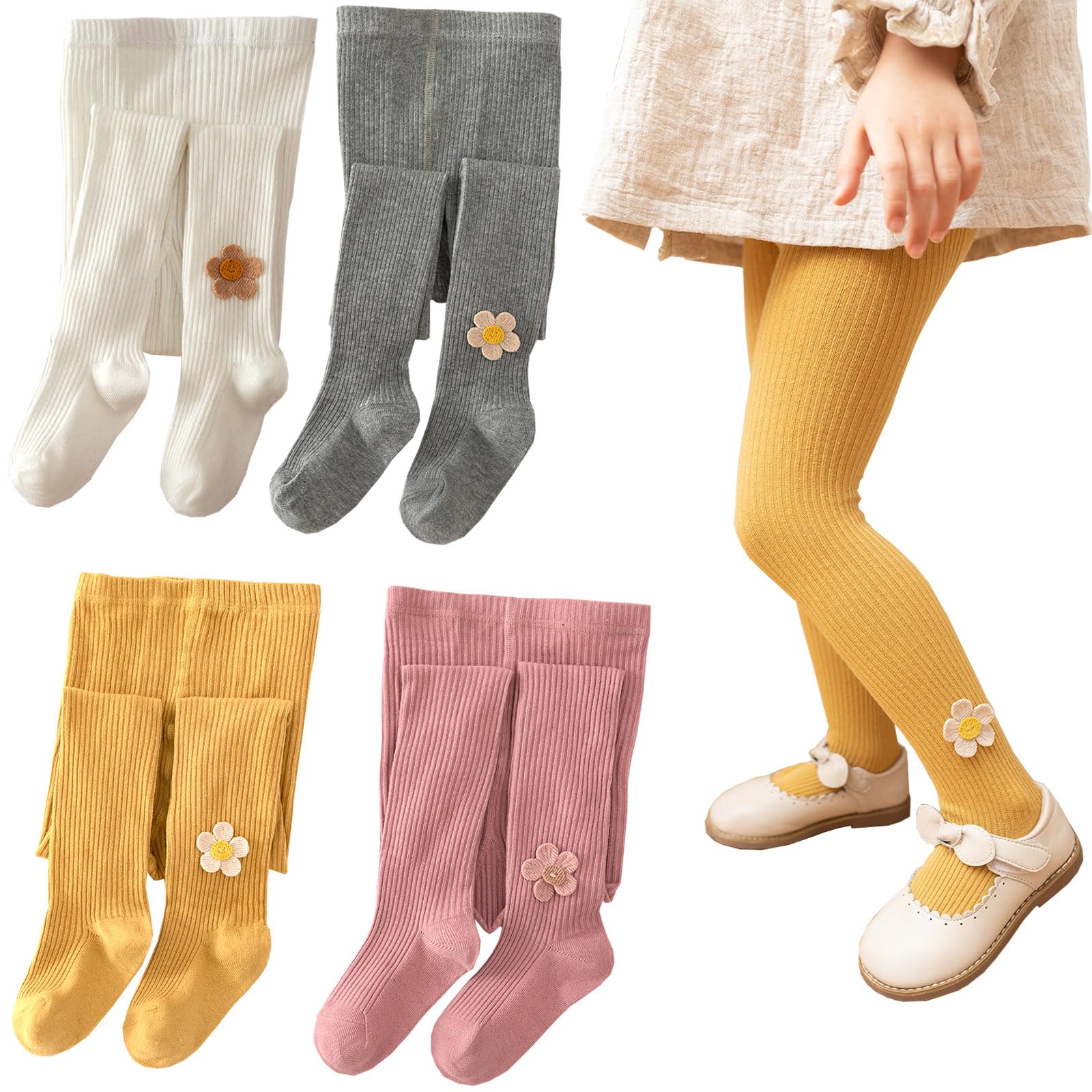 Collants Filles,2Pièces Collants Bébé Avec Jolie Décoration de Tournesol,Leggings Bas Sans Couture Collants Nouveau-né Gris/Gingembre/Rose/Blanc,2-9 Ans