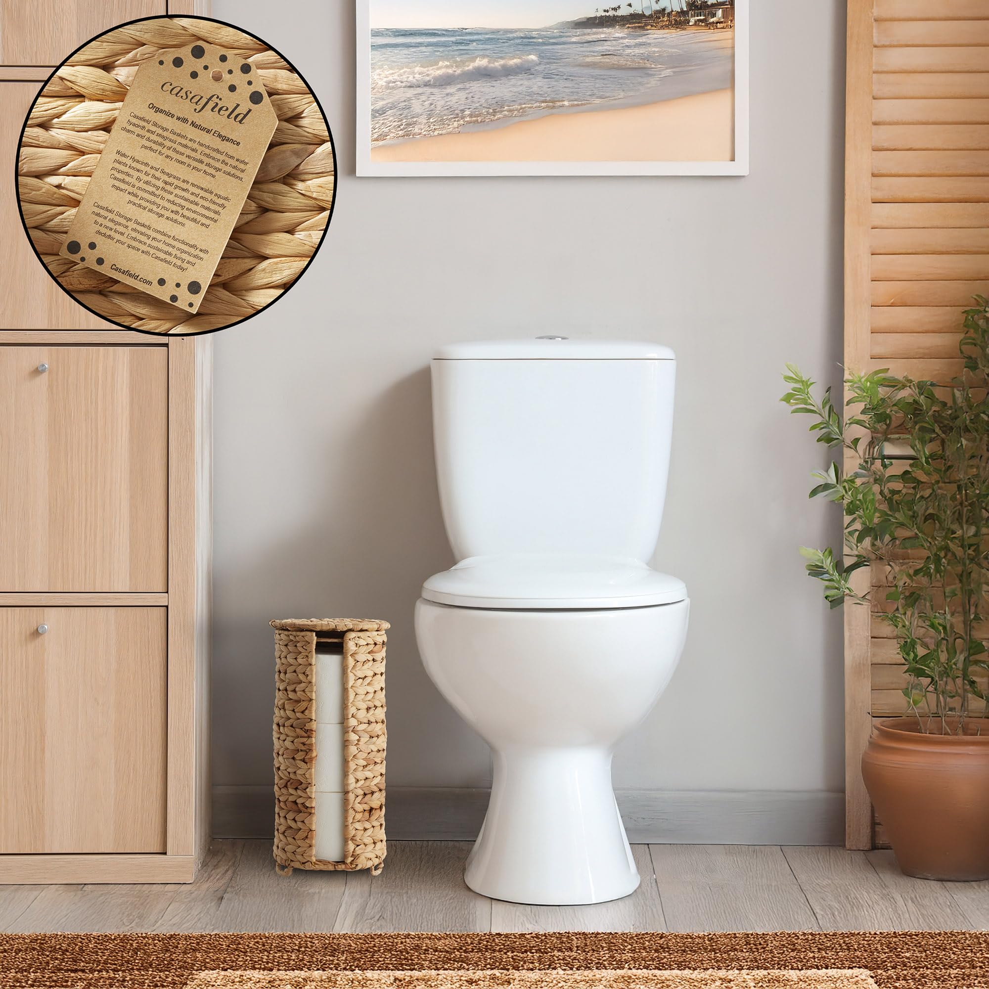 Casafield Free Standing Toilet Paper Storage Roll Holder with Lid - Natural, Fits 3 Rolls, Water Hyacinth Bath Tissue Organizer for Bathroom