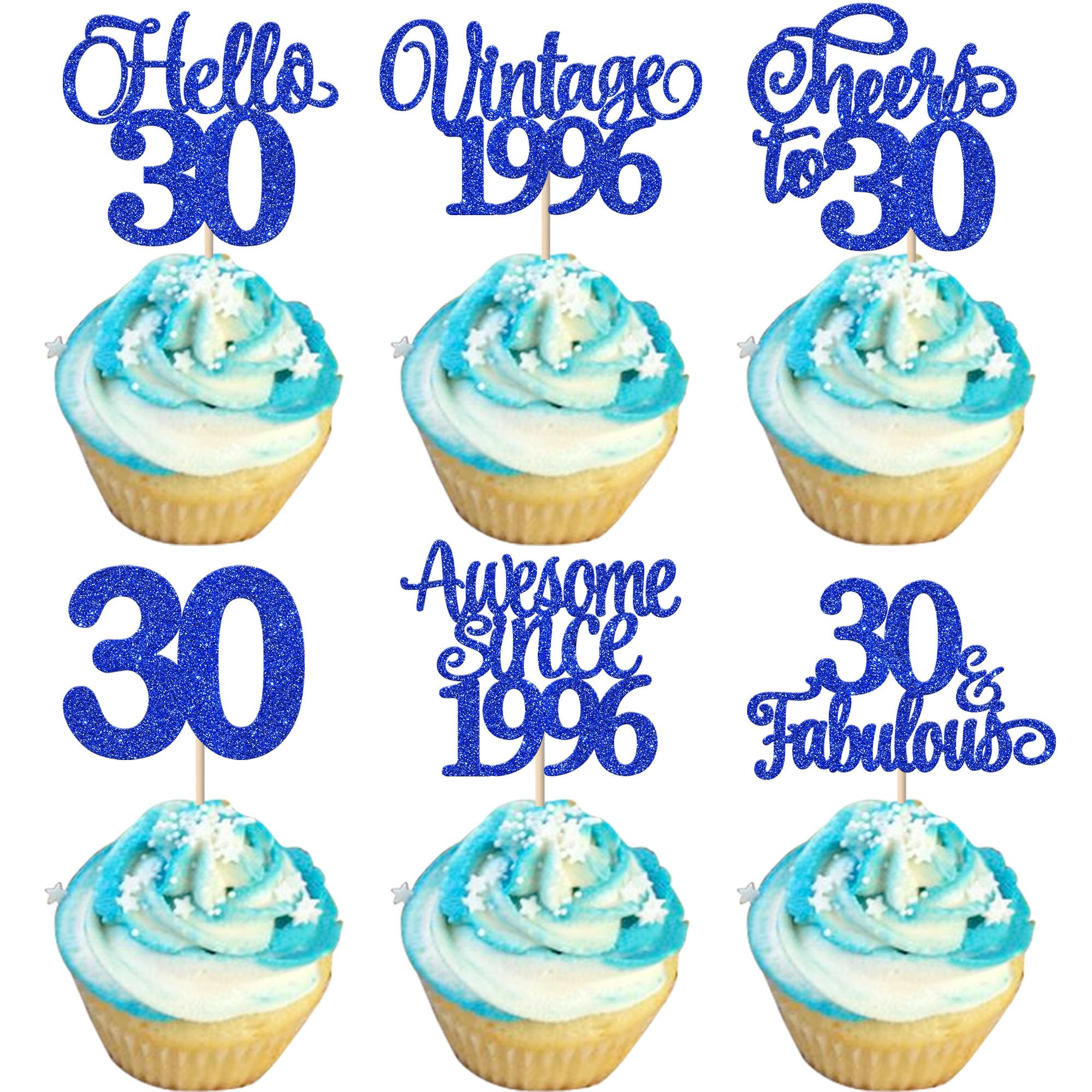 Xsstarmi 24 Pack Vintage 1996 Cupcake Toppers Glitter Blue Hello 30 Fabulous Thirty Cupcake Picks Cheers to 30 Years Birthday Cake Decorations for Happy 30th Birthday Anniversary Party Supplies