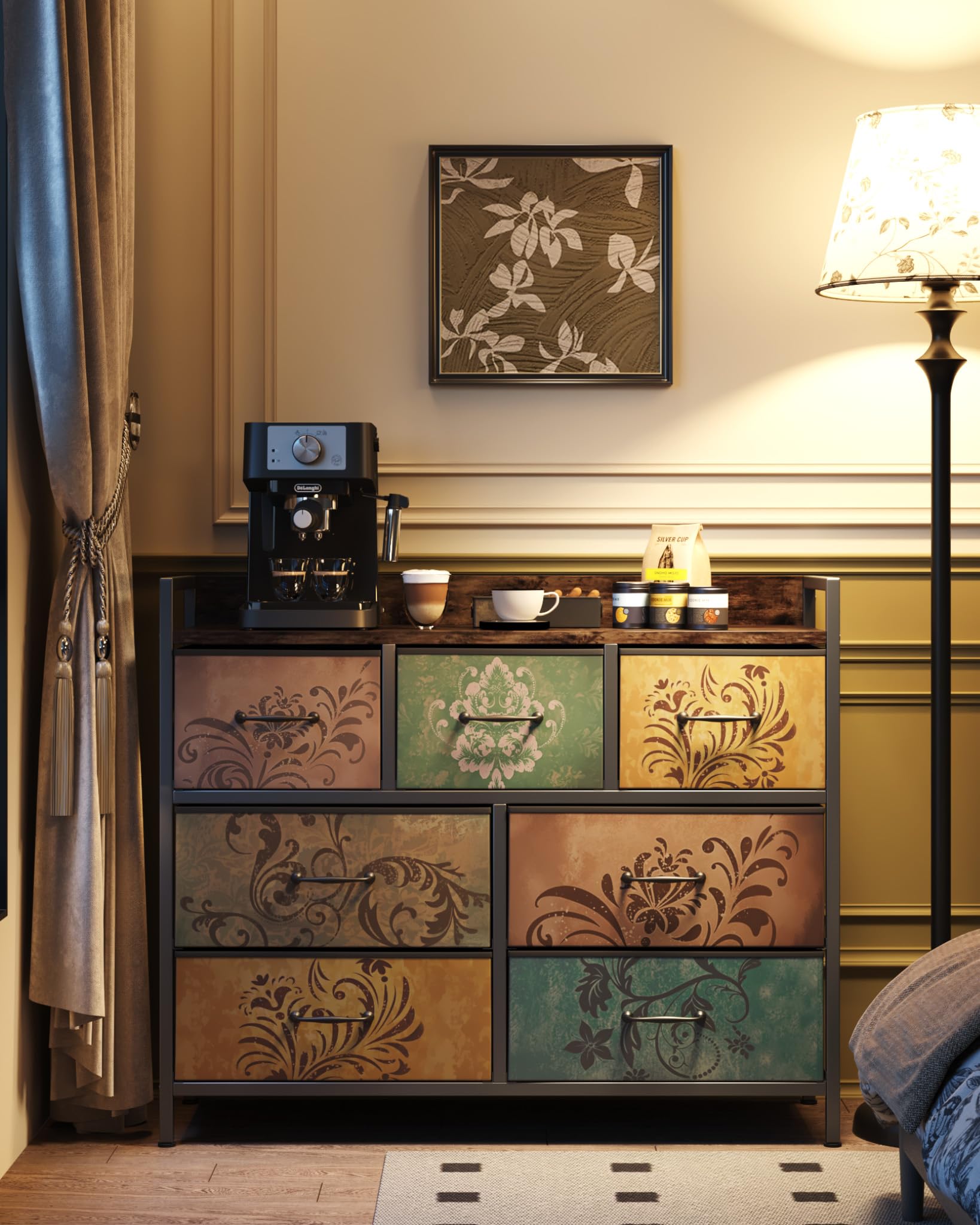 Mondeer Kommode mit 7 Schubladen, Schubladenschrank aus Vintage-Blumenmotiv Stoff Metallrahmen Rustikales, für Wohnzimmer Schlafzimmer Flur, 30 x 99 x 84 cm, Vintagebraun