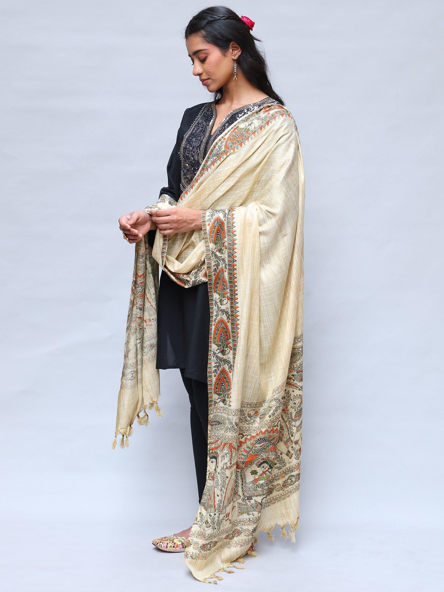Exotic India Damen-Schal aus Baumwolle von Khadi mit Madhubani-Kunstdruck, schönes Design, weiches Gewebe, Stola, Schal für Mädchen