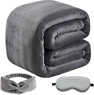 SOFTCARE Fleece 90"*90" Bed Blanket with Eye Mask & Headband, All-Season,Anti-Static,Thicken 350GSM Warm Fuzzy Blanket Lig...