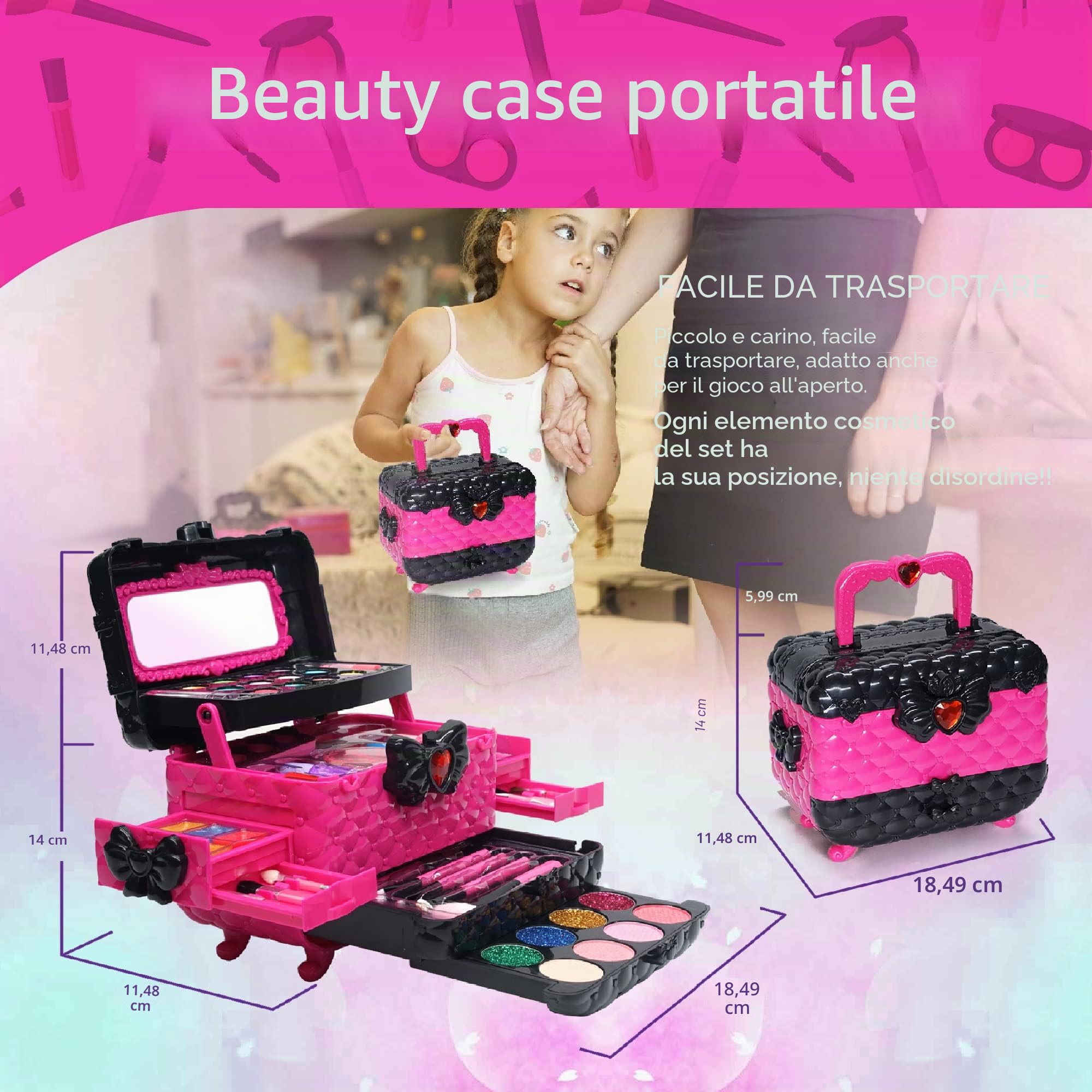 Valigetta Trucchi Bambina - Set Anallergico e Lavabile, Borsa Reale per Principessa, Regalo Compleanno 4-9 Anni (Rosa)