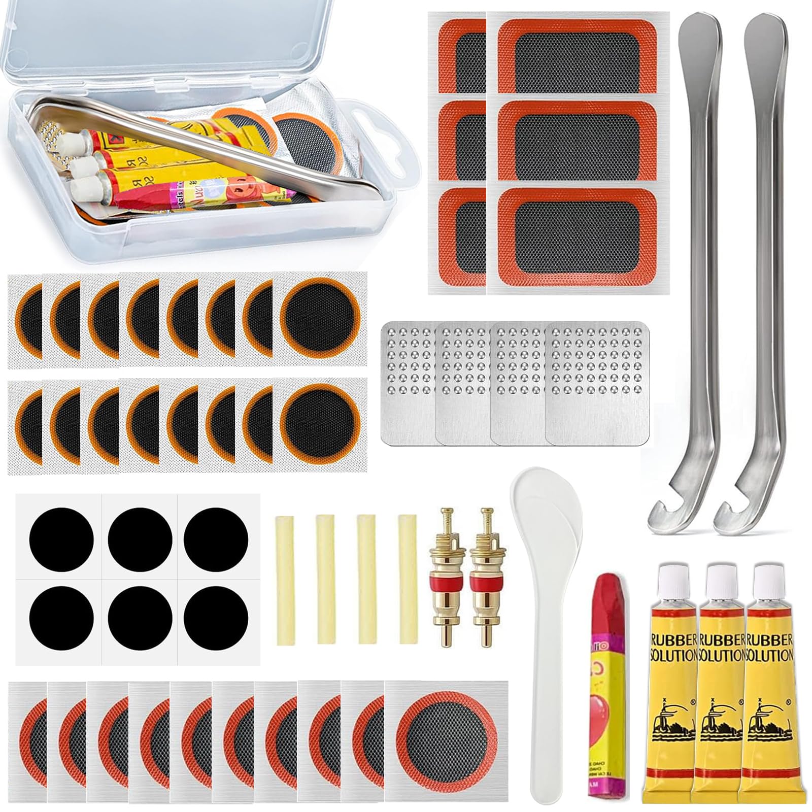 AONAT 56PCS Bike Tyre Puncture Repair Kit with Self-Adhesive Patches, Glue, Tyre Levers, Portable Storage Case for Road, Mountain, Commuter Bikes & Motorcycles