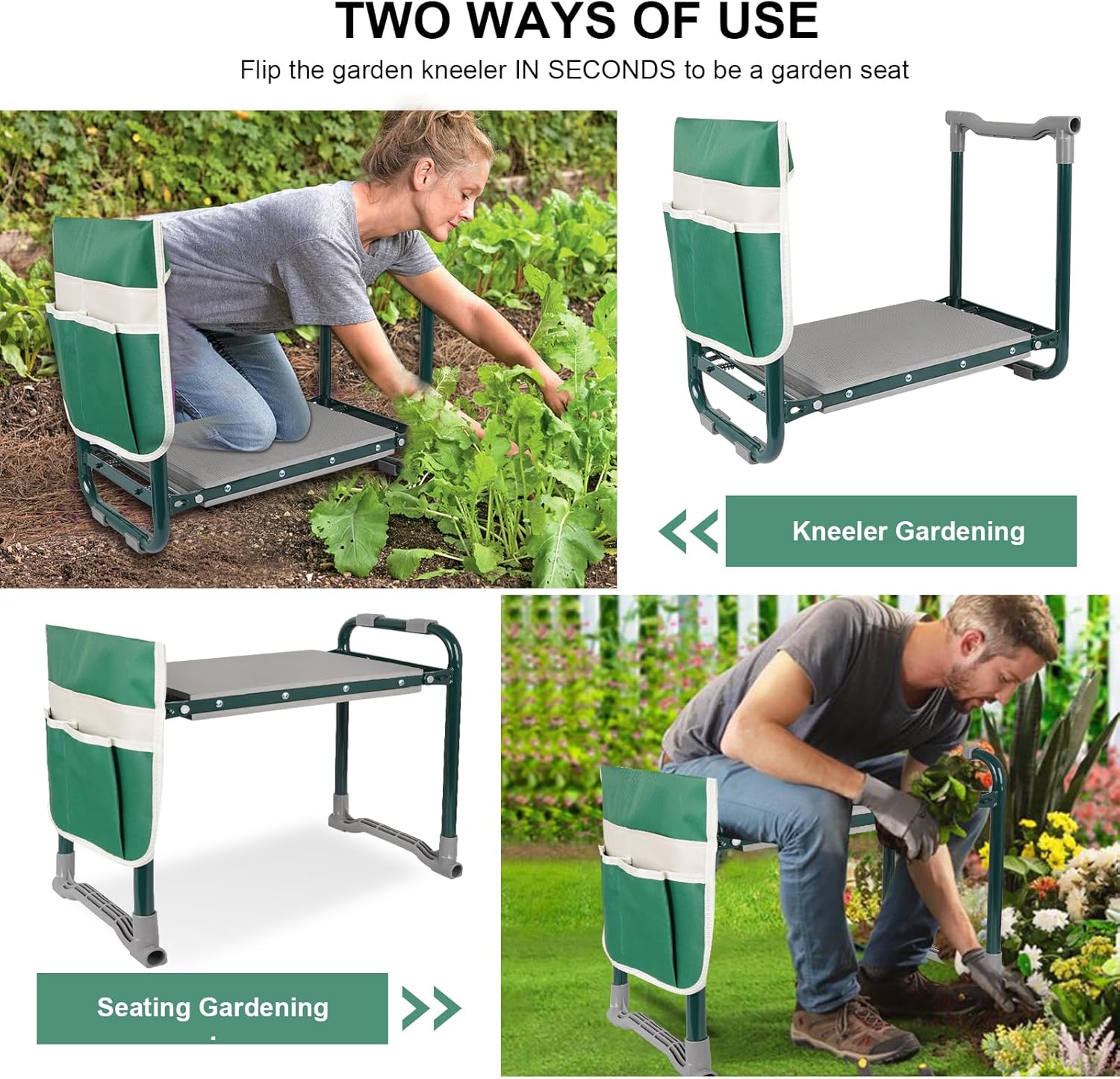 Garden Kneeler Seat Foldable Garden Stools Heavy Duty Gardening Bench for Kneeling and Sitting with Tool Pouch, Storage Bag and 3 Tools, Perfect Gardening Gifts for Parent Gardener